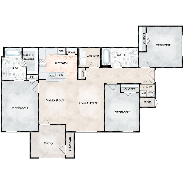 3 Bed 2 Bath floor plan image