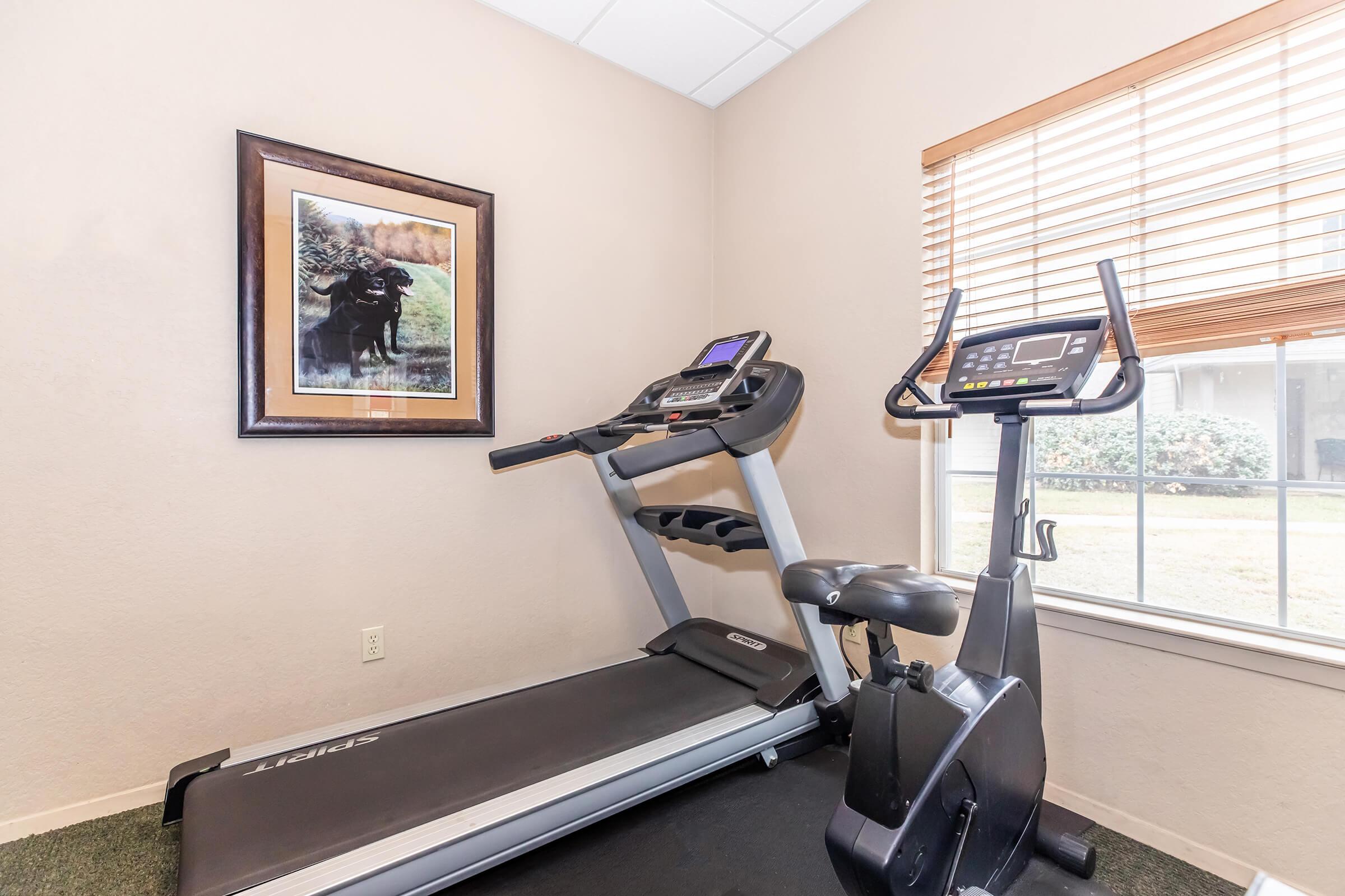 A treadmill and an elliptical machine are positioned in a fitness room. A framed picture of a bison hangs on the wall, and there is natural light coming in through a window with wooden blinds. The floor is carpeted in green.