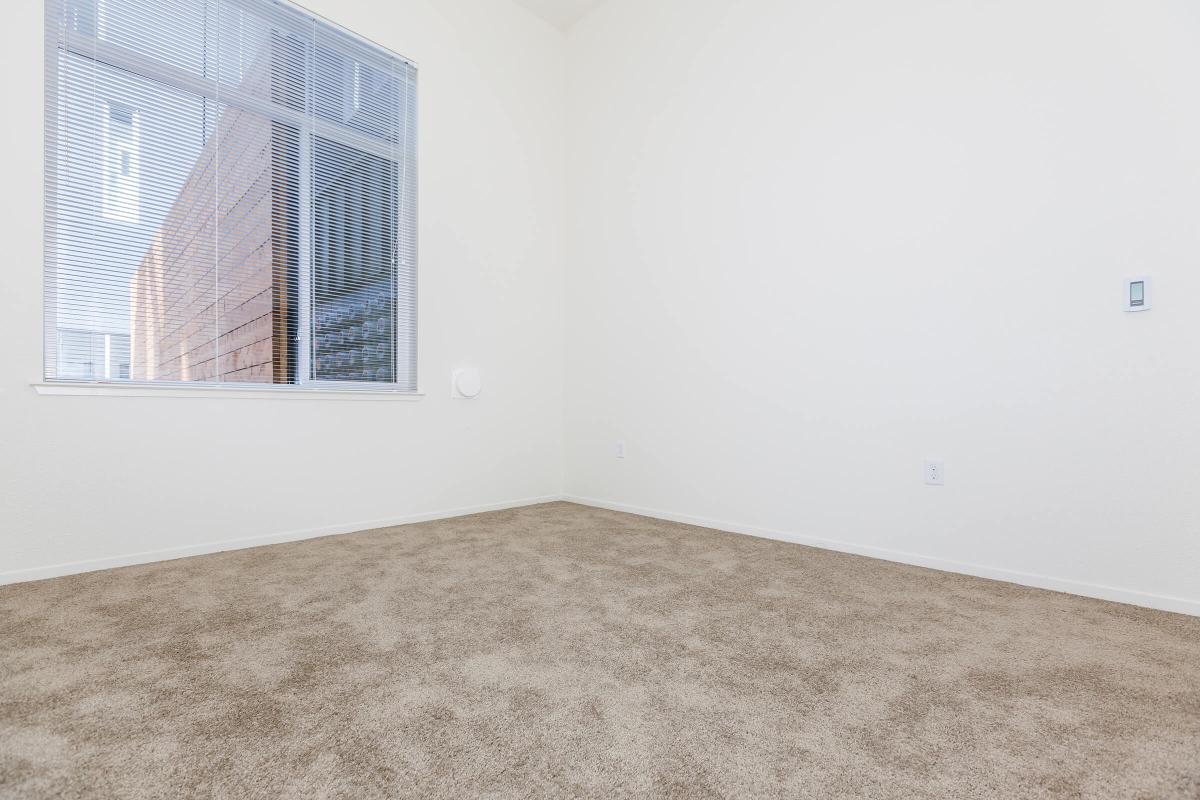 A spacious, empty room with light beige carpeting and a large window allowing natural light to enter. The walls are painted white, and there are no furnishings, creating an open and uncluttered atmosphere.