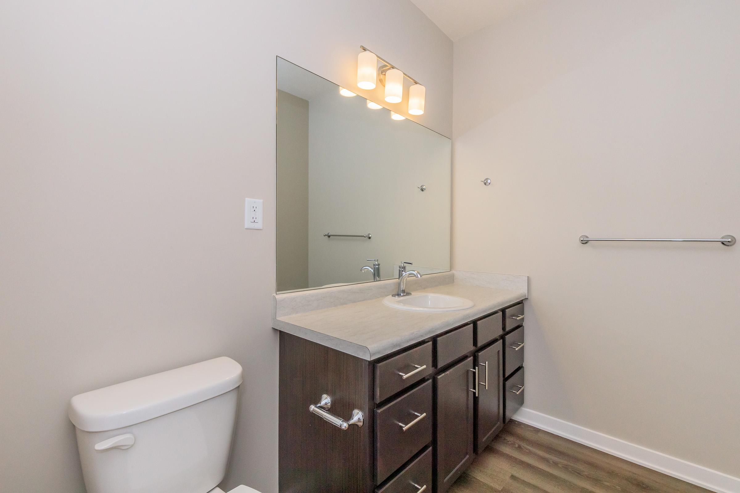 A modern bathroom featuring a large mirror above a double sink vanity with dark wood cabinetry. There is a white toilet on the left and a towel bar on the right against a neutral-colored wall. The floor is made of light-colored wood. Three light fixtures are mounted above the mirror.
