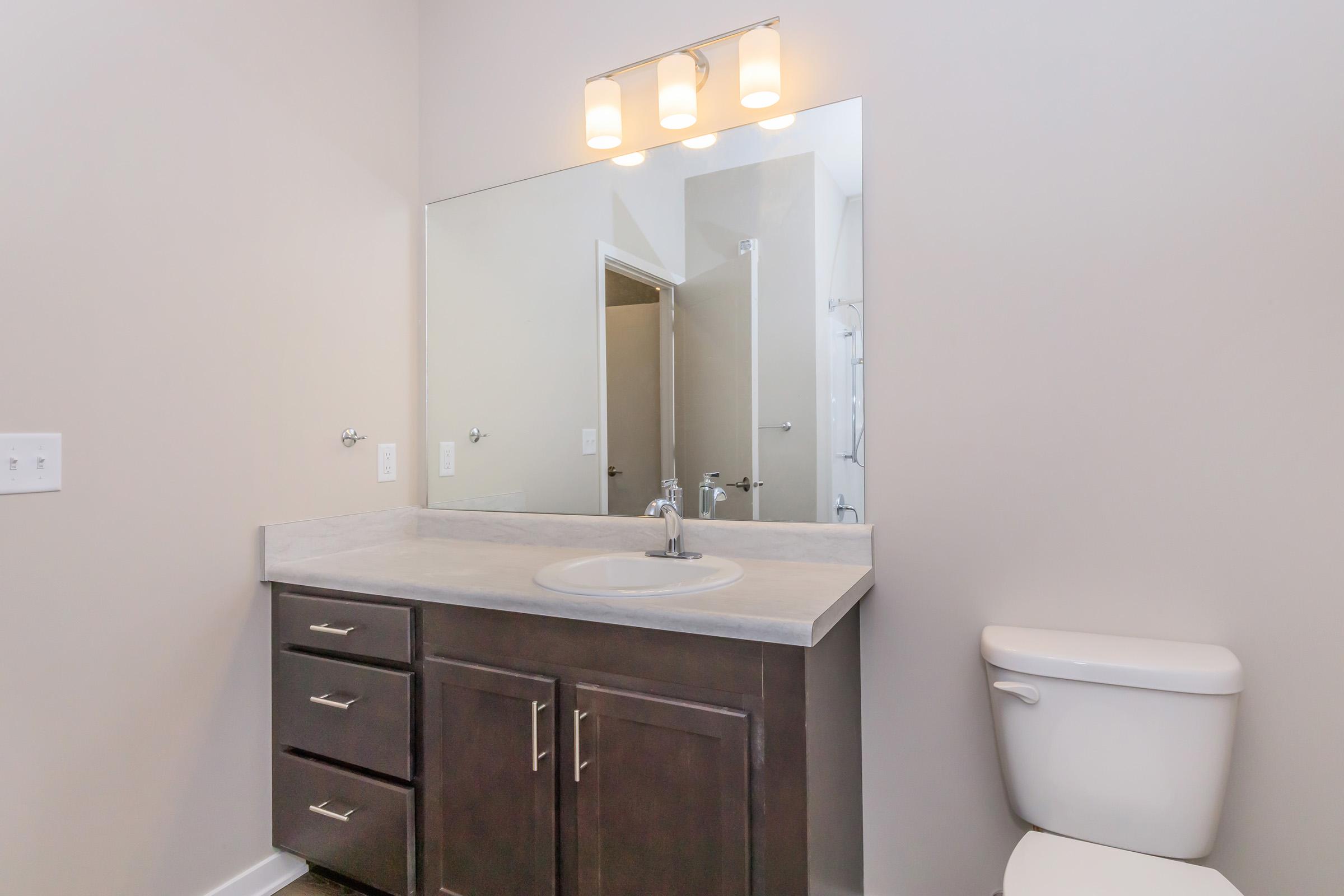 A modern bathroom featuring a dark wood vanity with a sink and a mirror above it. There are three light fixtures mounted above the mirror, and a white toilet is visible to the right. The walls are painted a neutral color, creating a clean and contemporary appearance.