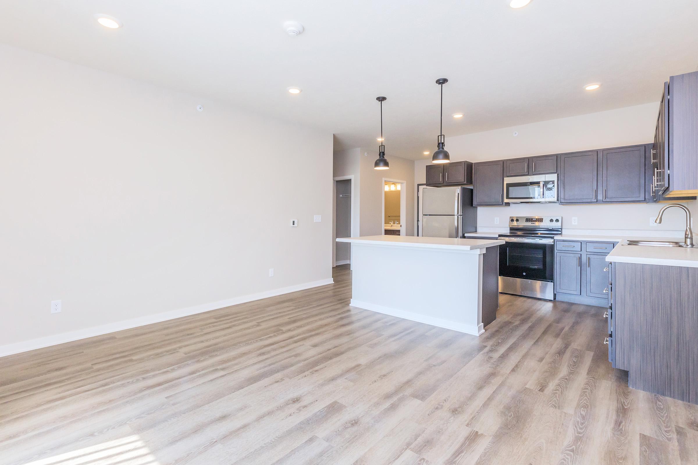 A spacious, modern kitchen and living area featuring light wood flooring, gray cabinetry, stainless steel appliances, and pendant lighting. The open layout allows for easy flow between the kitchen and living space, with large windows providing natural light.