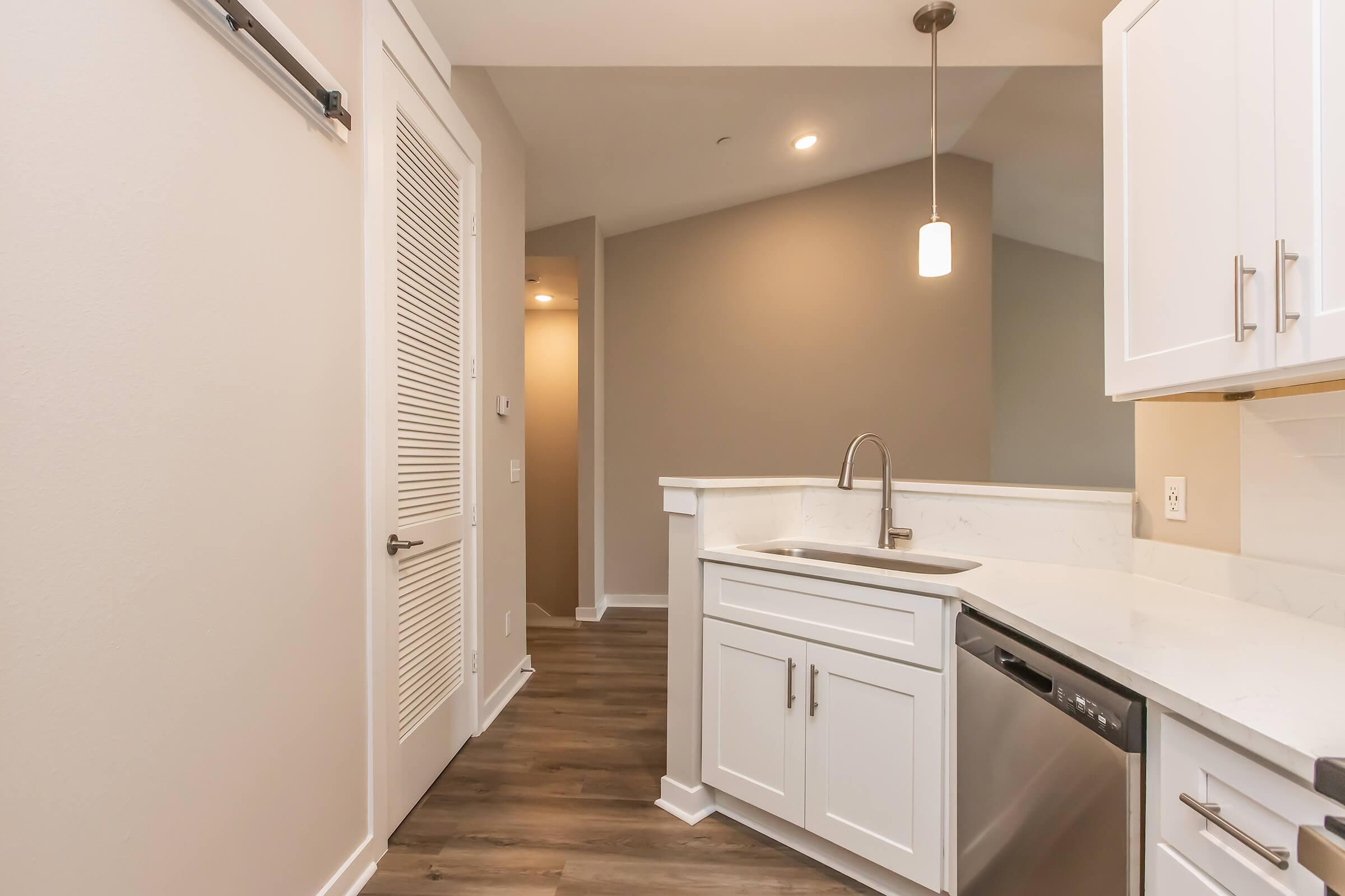 Modern kitchen interior featuring white cabinetry, a stainless steel dishwasher, and a sink. The room has light-colored walls and a pendant light hanging above the countertop. Visible is a doorway leading to another area, with hardwood flooring adding warmth to the space.