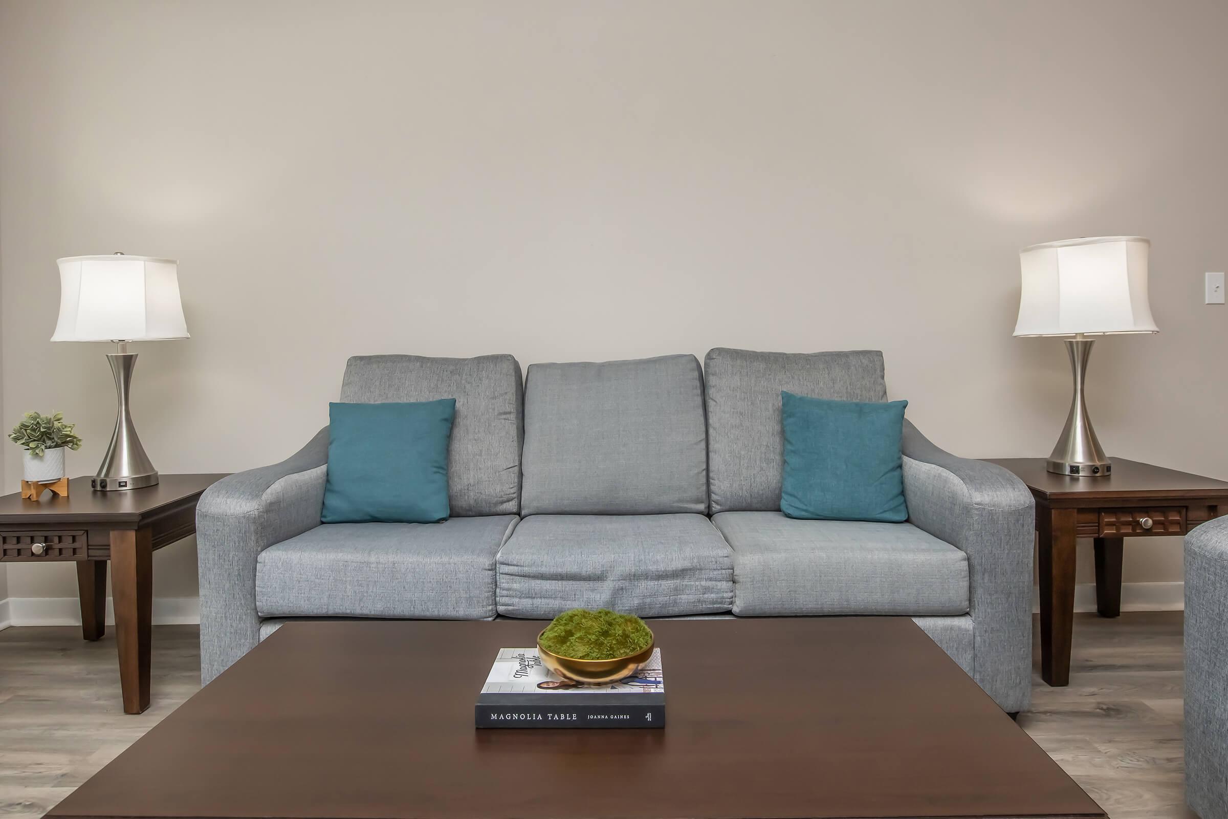 A modern living room featuring a light gray sofa with two teal cushions. In front of the sofa is a wooden coffee table with a decorative bowl of moss and a book. Flanking the sofa are two wooden side tables, each topped with a stylish lamp. The walls are neutral-colored, enhancing the cozy atmosphere.