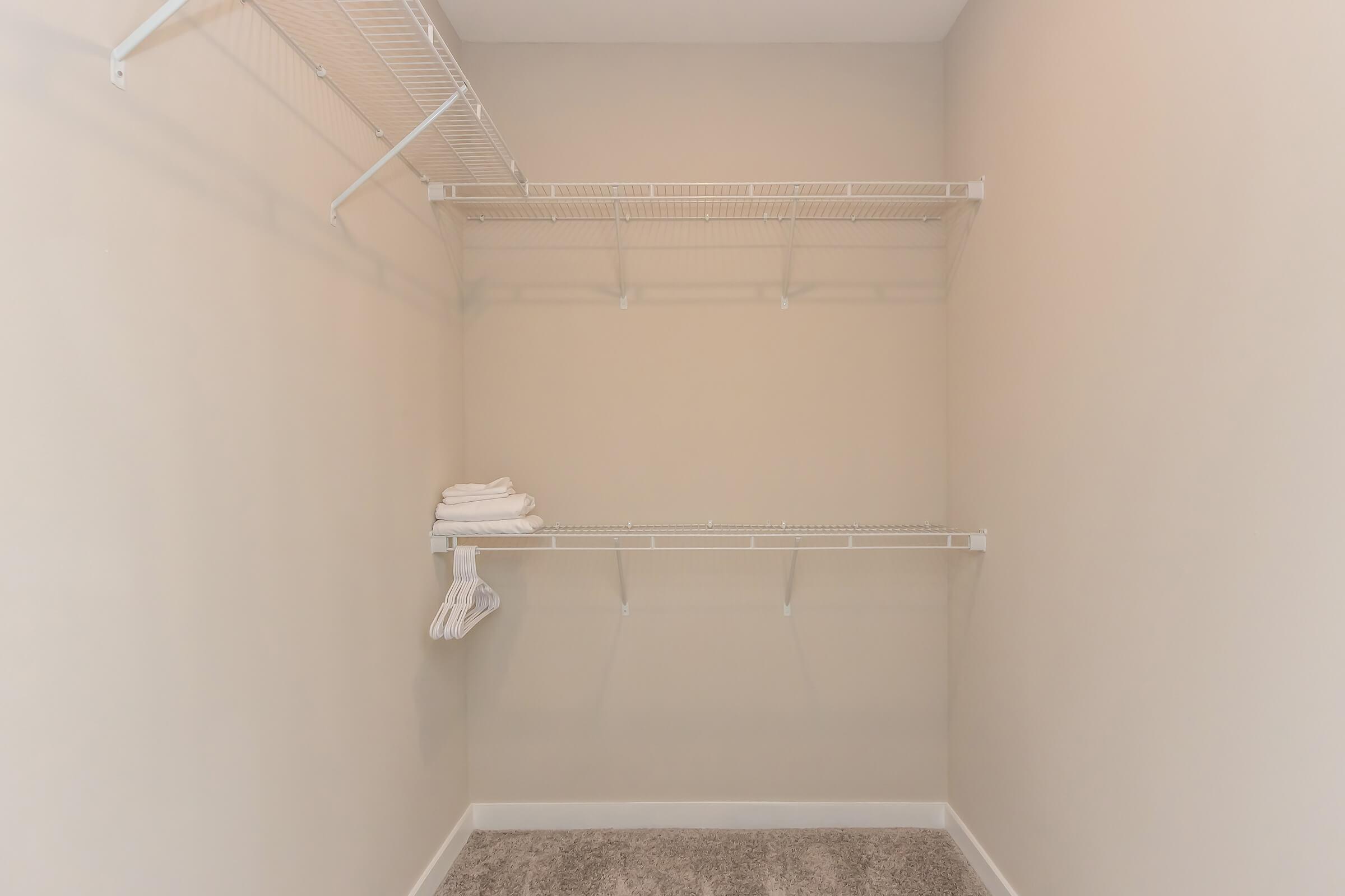A spacious empty closet featuring wire shelving on the walls. One shelf holds neatly folded towels, while the other has several empty hangers. The walls are painted a neutral color, and a plush carpet covers the floor.