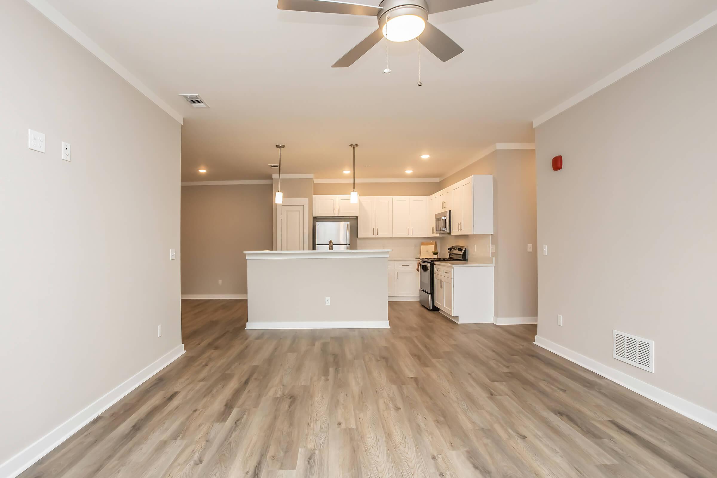 Spacious open concept living area with modern kitchen featuring white cabinetry and stainless steel appliances. Light-colored walls and hardwood-style flooring create a bright atmosphere. Ceiling fan and pendant lighting add to the contemporary design.
