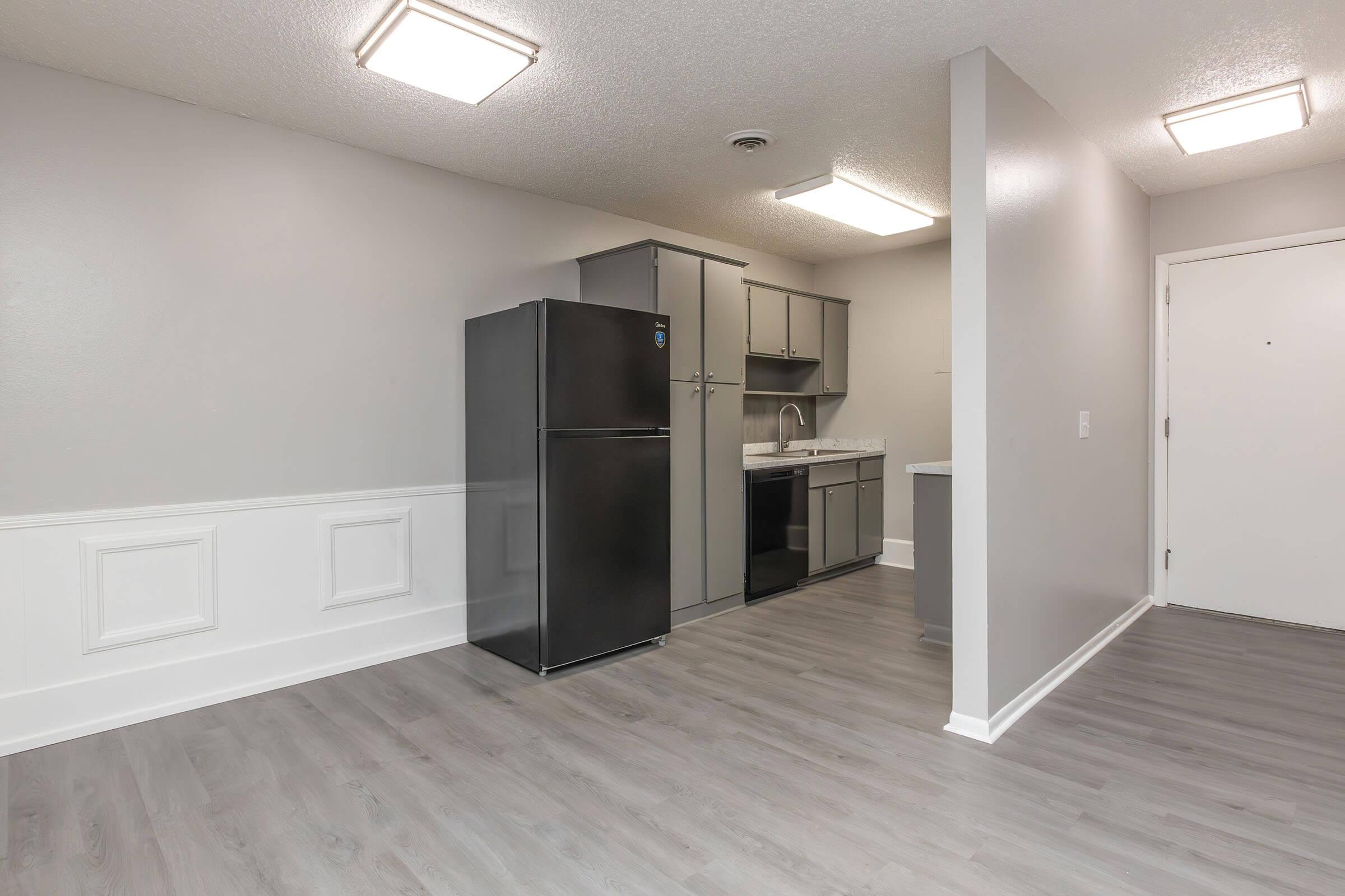 A modern kitchen area featuring a black refrigerator, grey cabinetry, and a double sink. The walls are painted light grey, and there is a white wainscoting along the lower part of the wall. The flooring is a light wood laminate, and overhead LED lights illuminate the space. A white door is visible on the right.