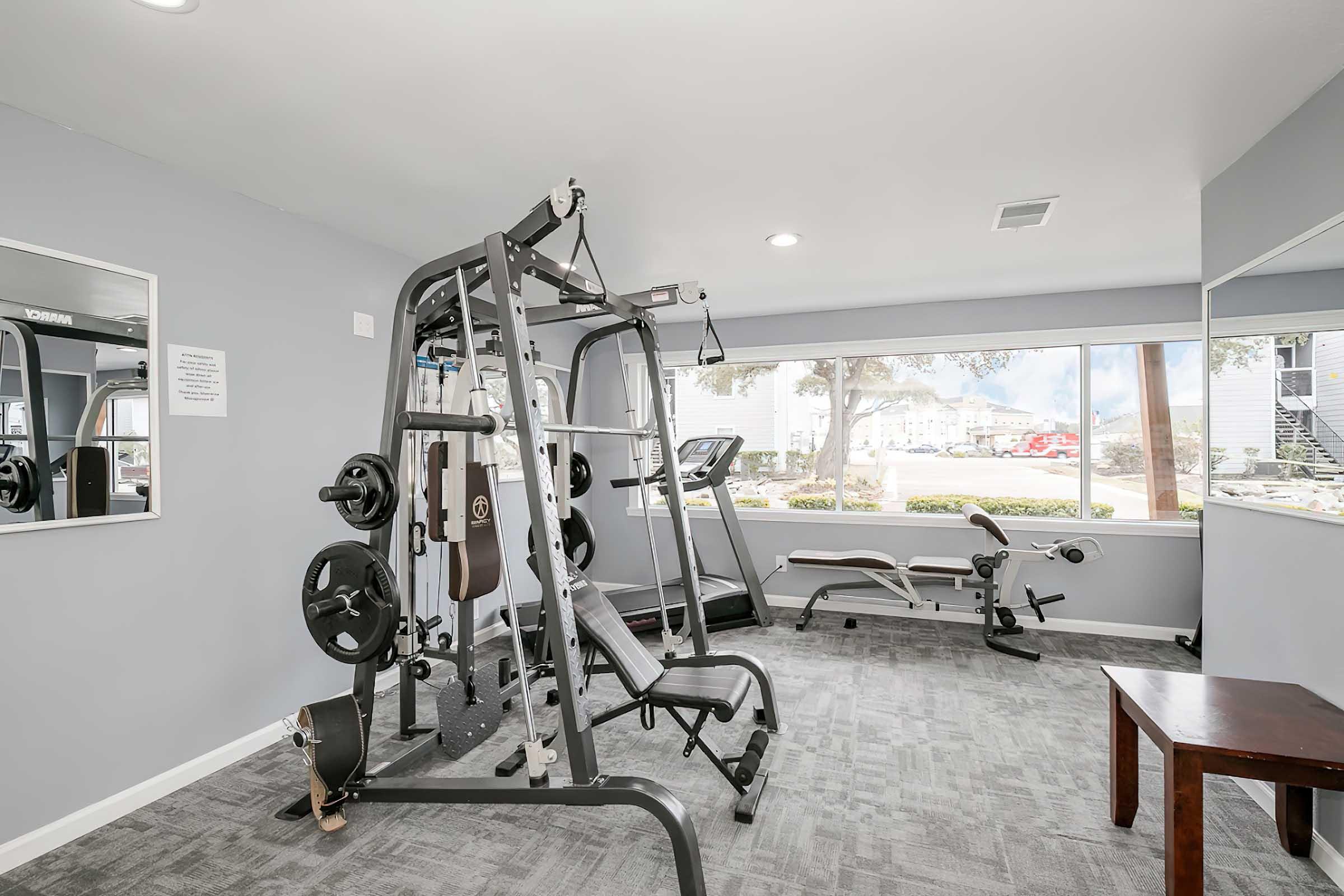 A modern gym interior featuring a multi-exercise machine, a treadmill, and a weight bench. Large windows provide natural light and outdoor views, while mirrors reflect the workout space. The walls are painted in a light color, contributing to a spacious and inviting atmosphere.