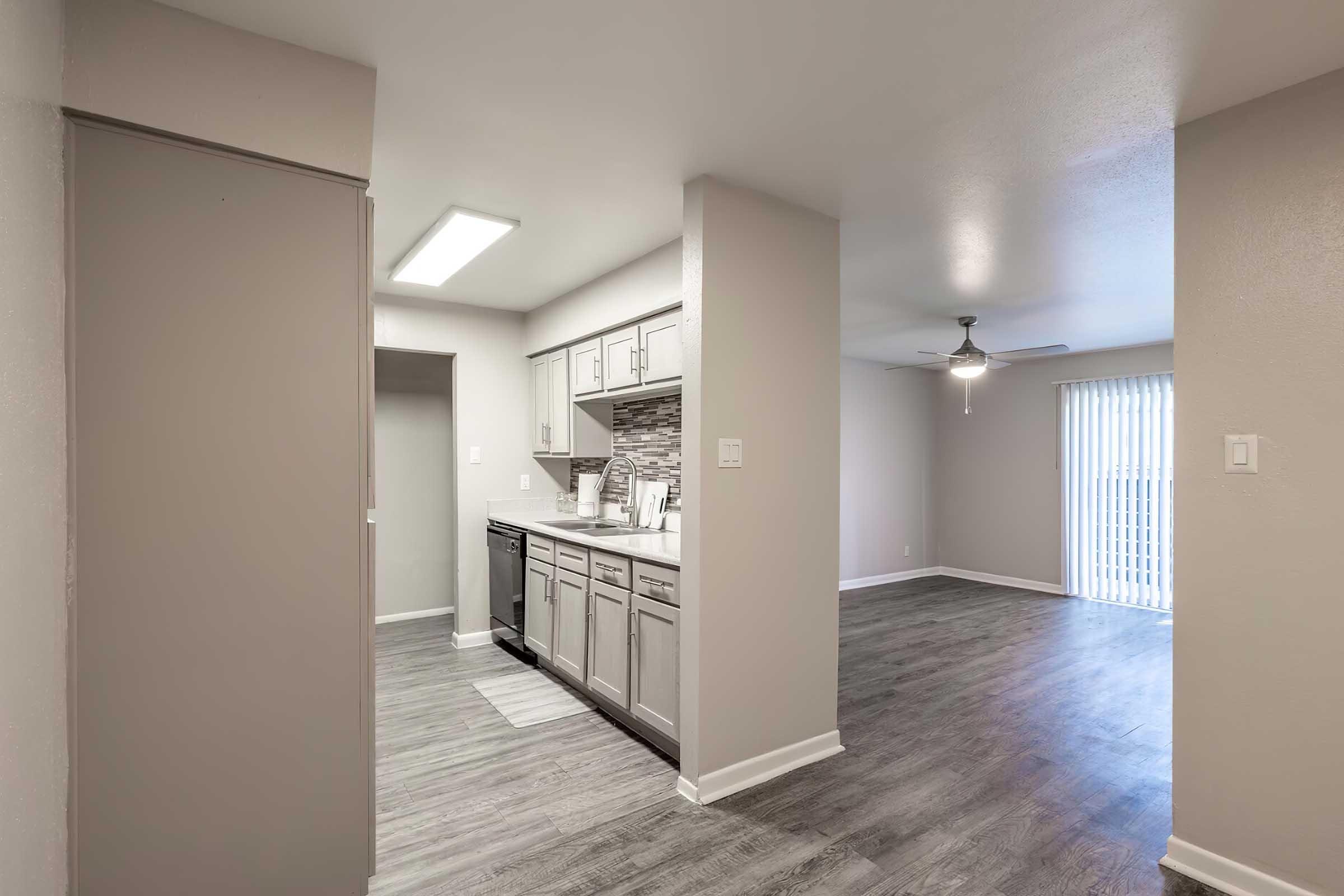 A spacious, modern kitchen with gray cabinets and a light countertop, featuring stainless steel appliances. The flooring is a light wood finish, and a ceiling fan is visible in the adjacent room. A sliding door leads to an outdoor area, enhancing natural light. The walls are painted in neutral tones.
