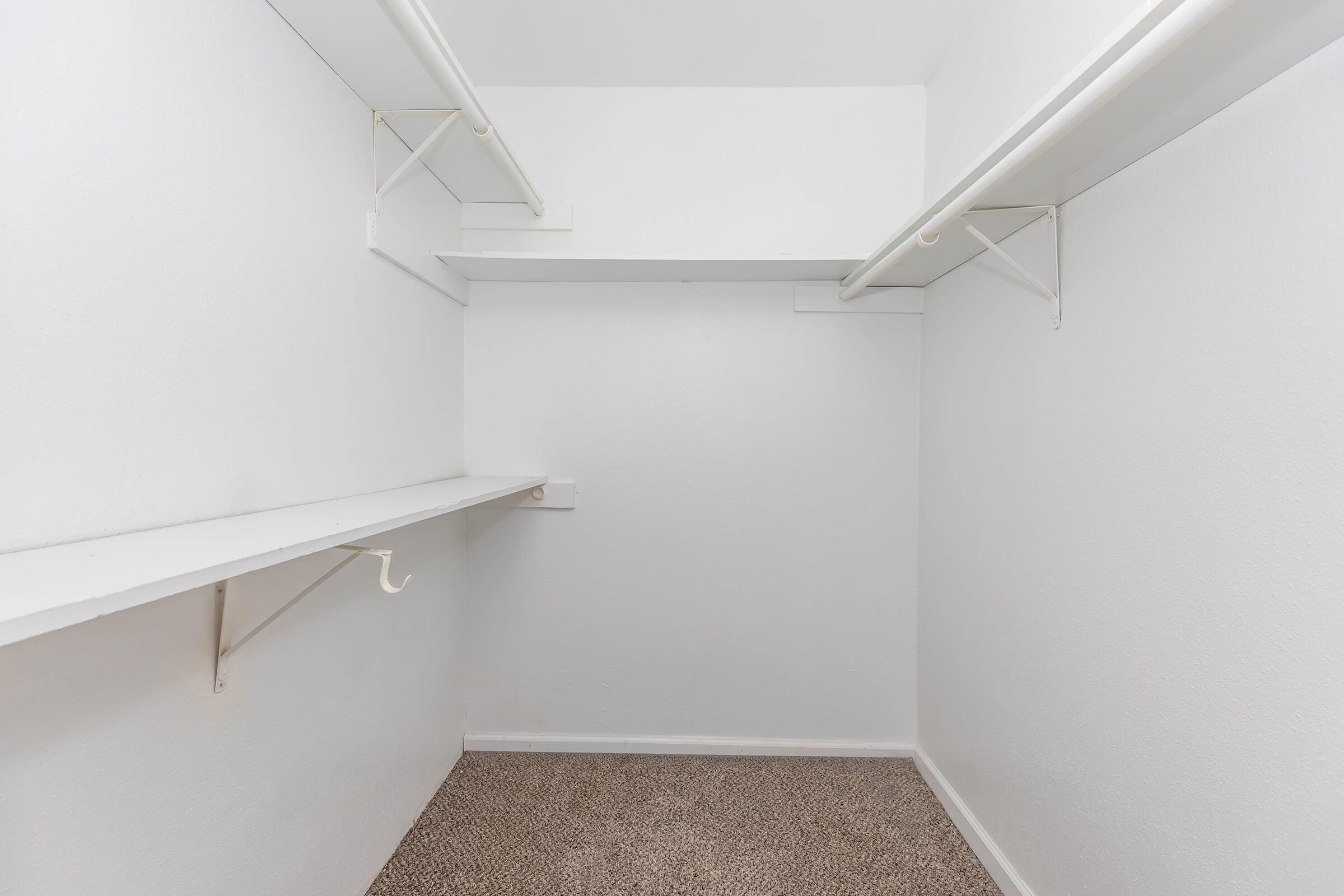 Empty closet with white walls, a light carpet, and minimal shelving along the sides. No clothing or items present, creating a spacious and uncluttered appearance.
