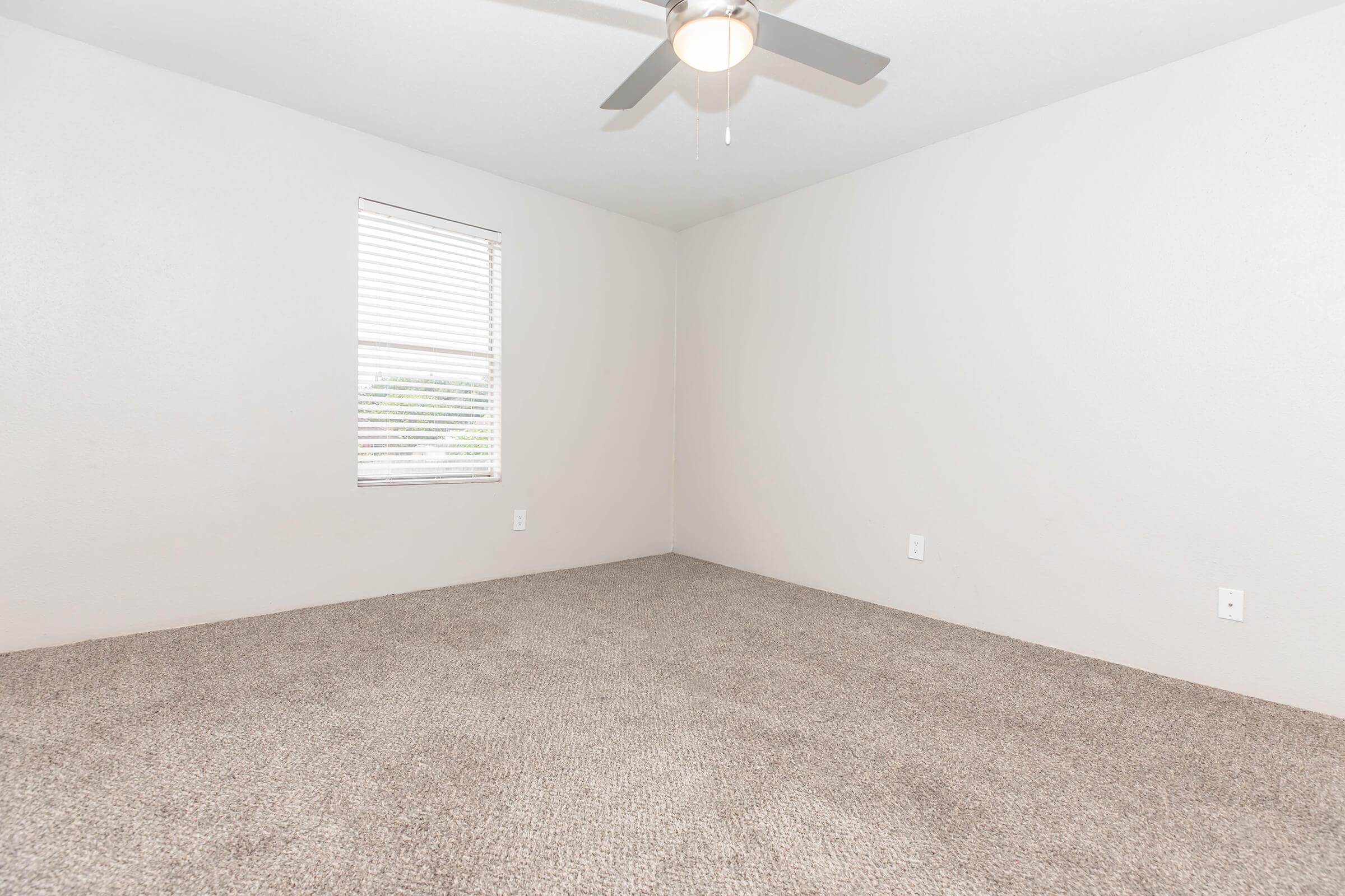 Empty room with light-colored walls and a ceiling fan. The floor is carpeted in a neutral shade. A single window with blinds allows natural light to enter, illuminating the space, which has no furniture or decorations.