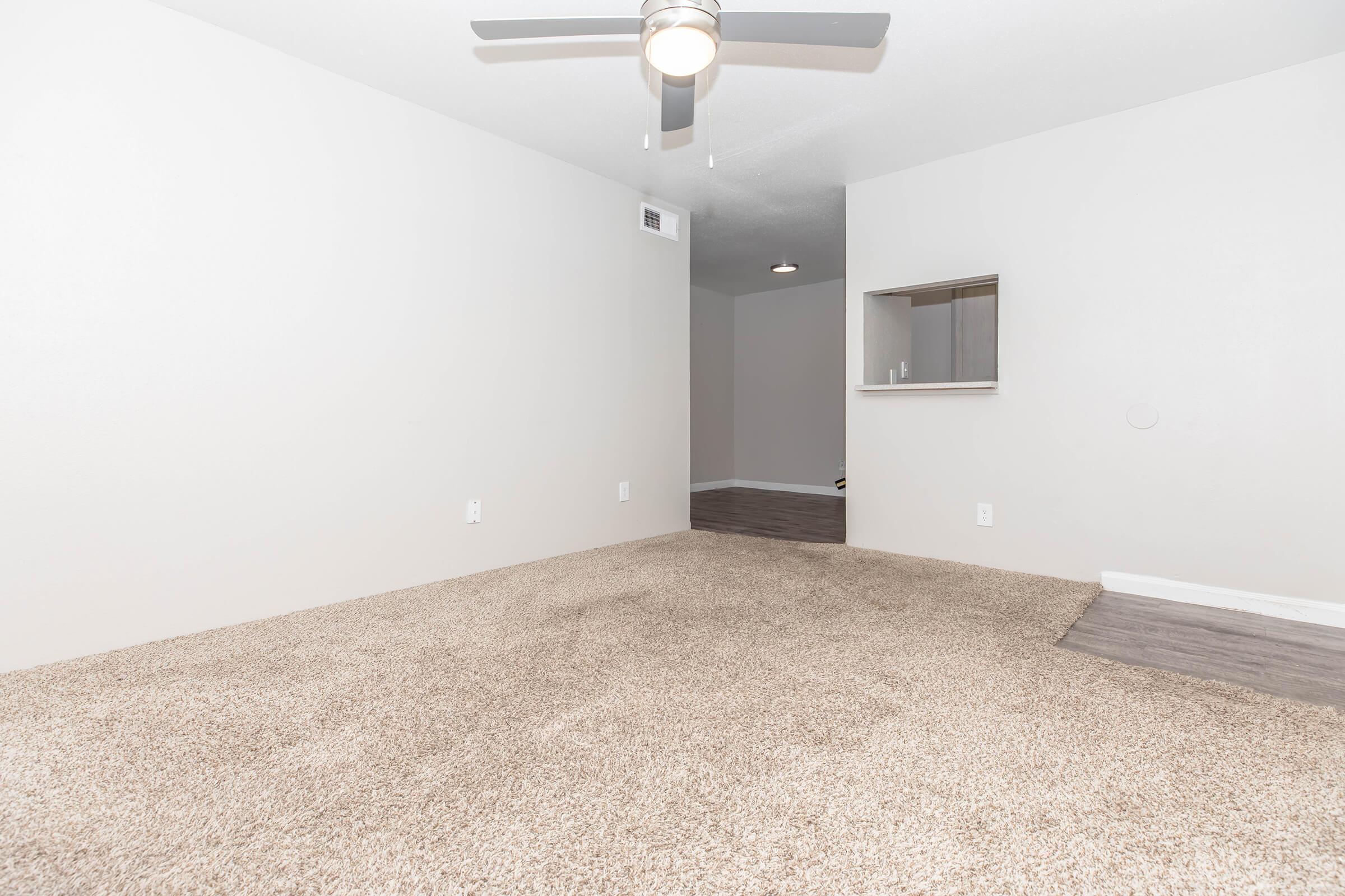 A spacious living area with light gray walls and plush beige carpet. A ceiling fan is visible, and there is an open doorway leading to another room. A small opening in the wall suggests access to a kitchenette or bar area. The overall mood is bright and inviting.
