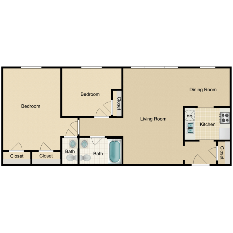 Floor plan image of 2 Bed 1.5 Bath D-R
