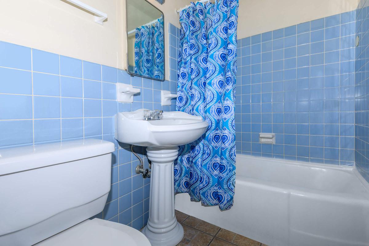 a blue and white tile on the shower