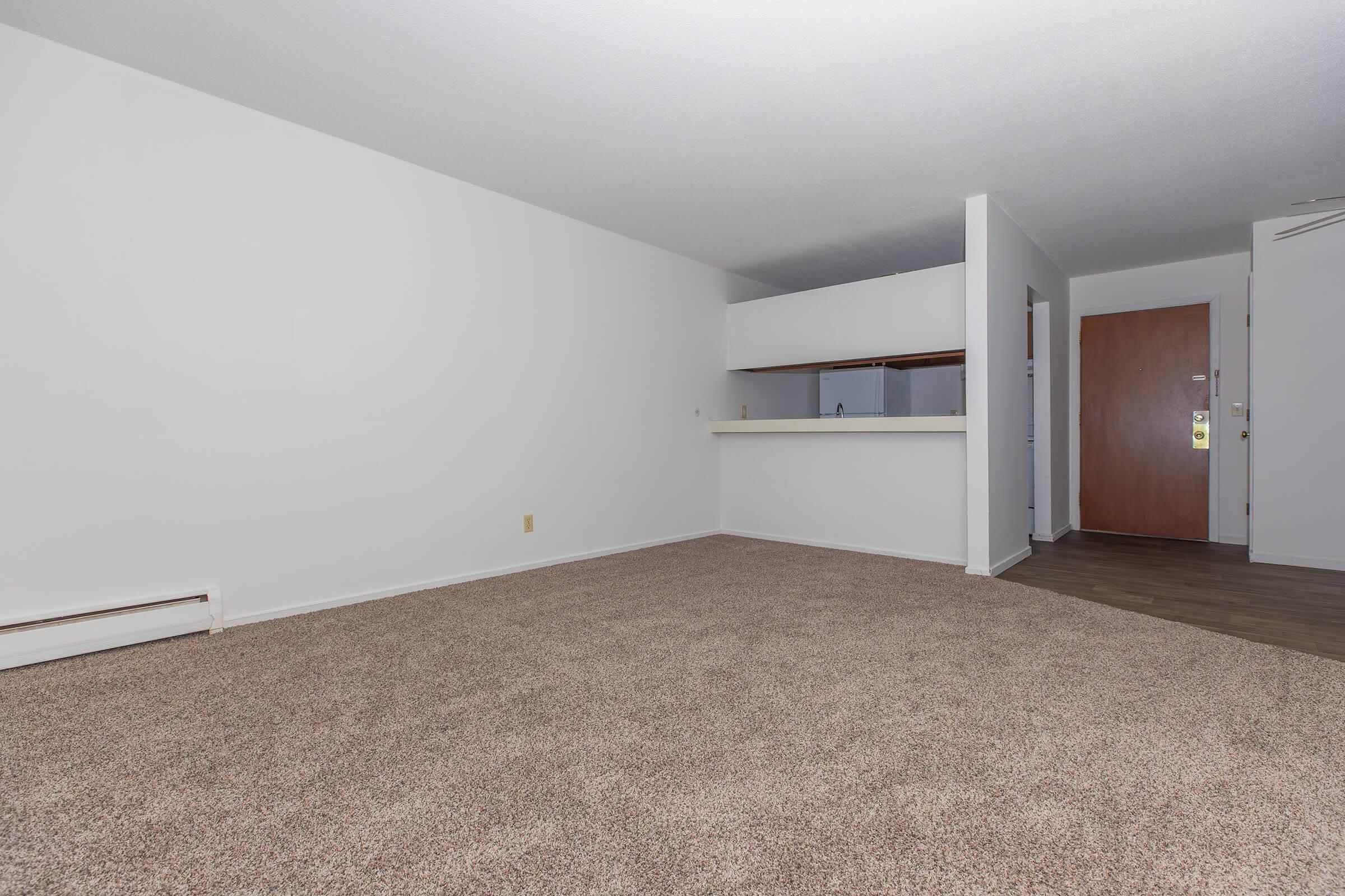 An empty living room with light beige carpet and white walls. A small kitchen area is visible in the background, with a bar-type counter separating it from the living space. A wooden door leads to the outside, and there are no visible furnishings or decorations in the room. Natural light is softly filtering in.