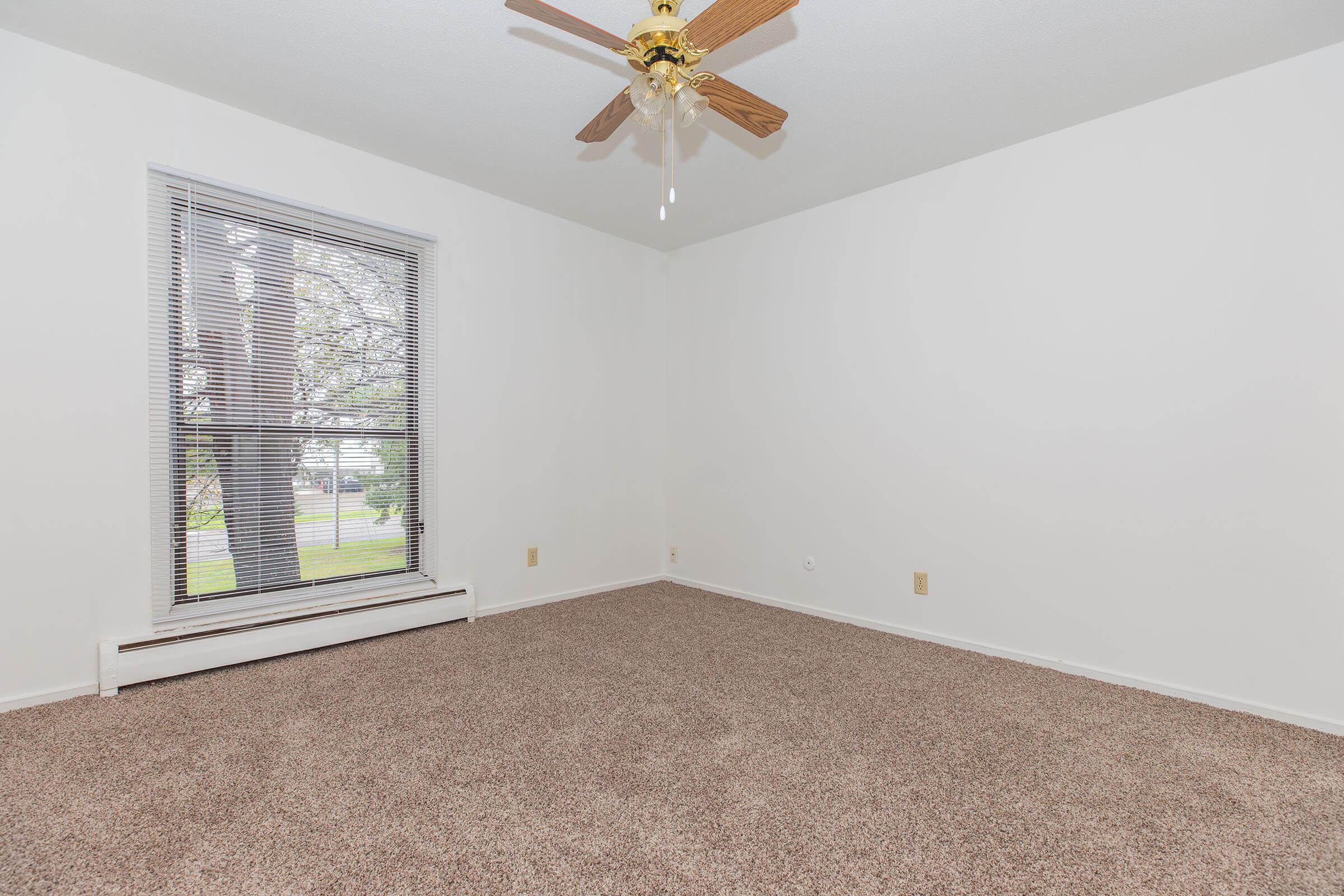 Empty room with light beige carpet, a ceiling fan with wooden blades, and a large window letting in natural light. White walls create a bright and spacious feel. The window has thin horizontal blinds and overlooks greenery outside. No furniture or decorations present, highlighting the room’s potential for personalization.