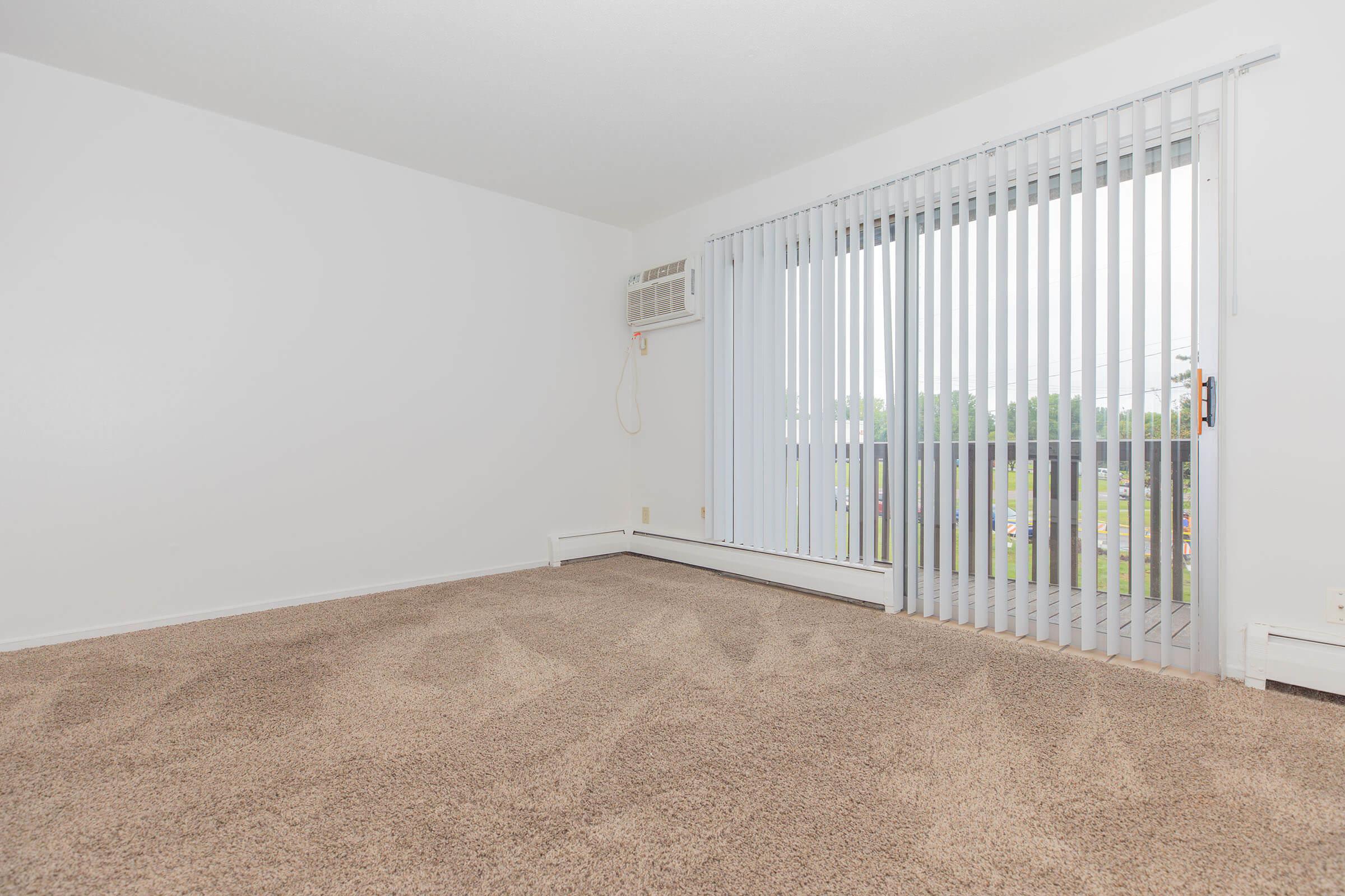 Empty room with beige carpet, white walls, and large windows covered by vertical blinds. A wall-mounted air conditioning unit is visible near the window, which overlooks a green area outside. The space is bright and open, giving a sense of openness and potential for decoration.