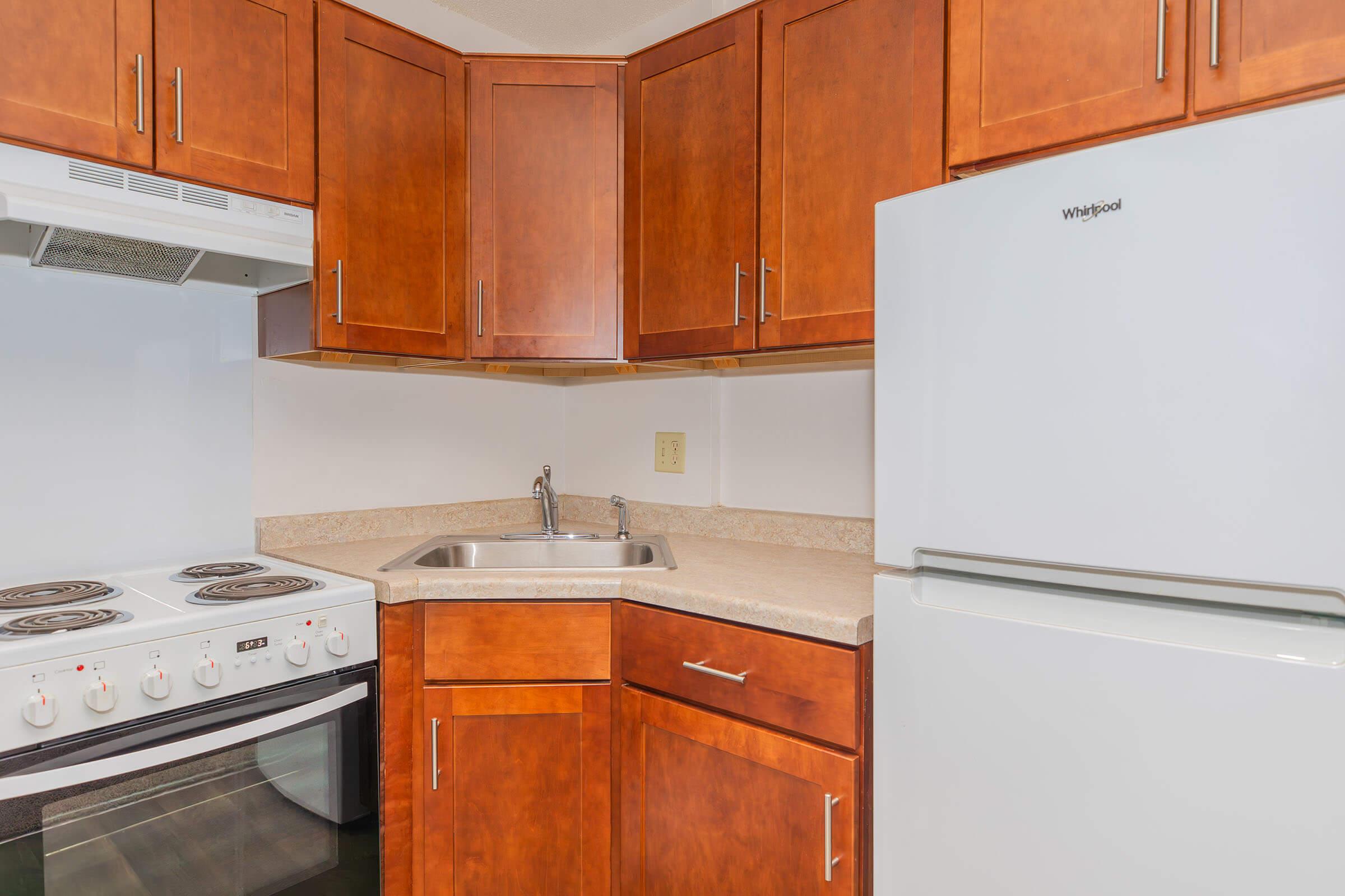 A modern kitchen with wooden cabinets, a white refrigerator, a four-burner electric stove, and a sink. The countertop is light-colored, complementing the cabinetry, and the space is well-lit, showcasing the clean and functional design.