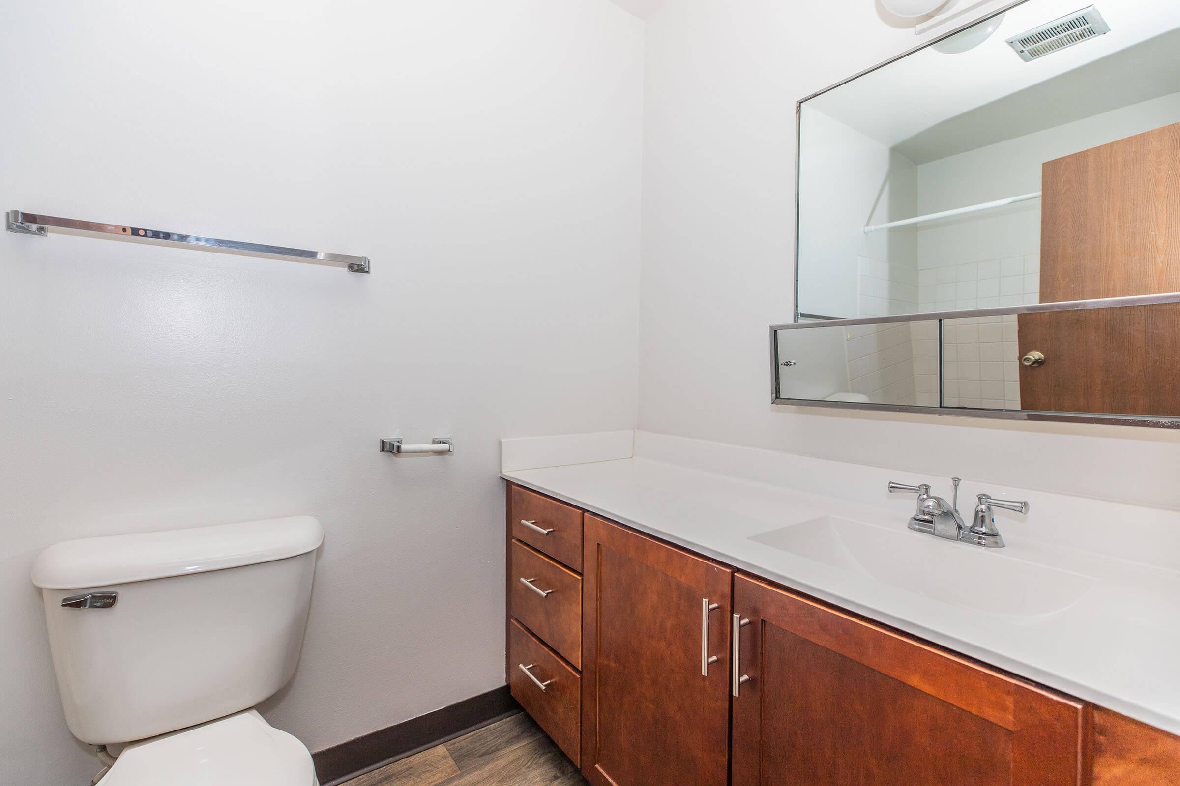 A modern bathroom featuring a white toilet and a double sink with a sleek countertop. One side has wooden cabinets below the sink, and a large mirror is mounted above. The walls are painted light colors, and a towel rack is visible. The flooring appears to be a wood-like laminate.