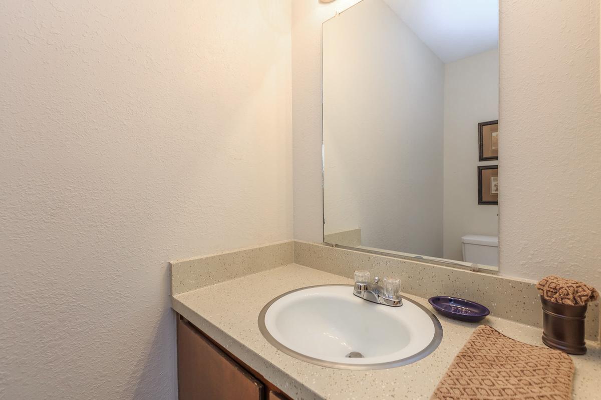 a white sink sitting under a mirror