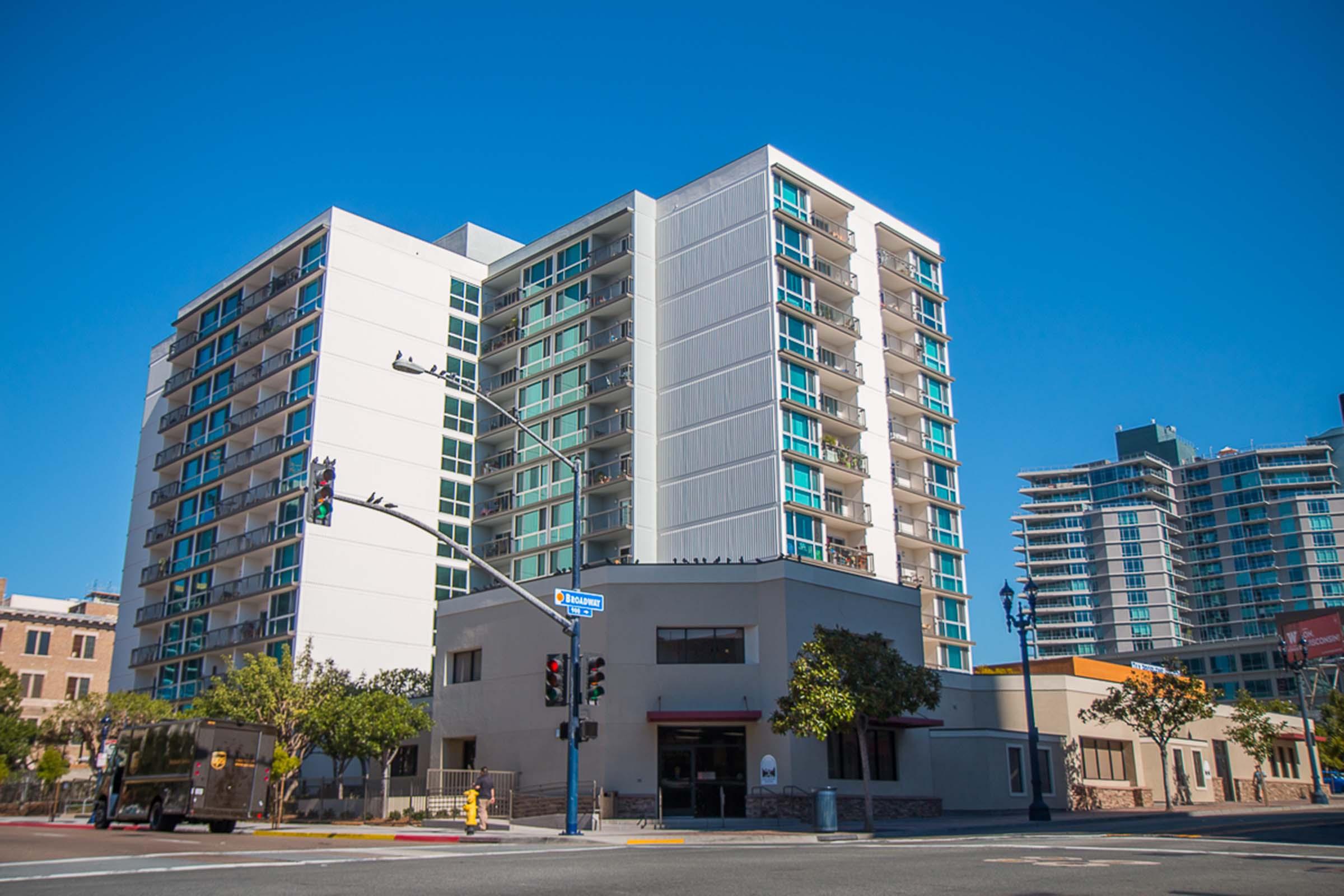 View of San Diego Square buildings, from street.