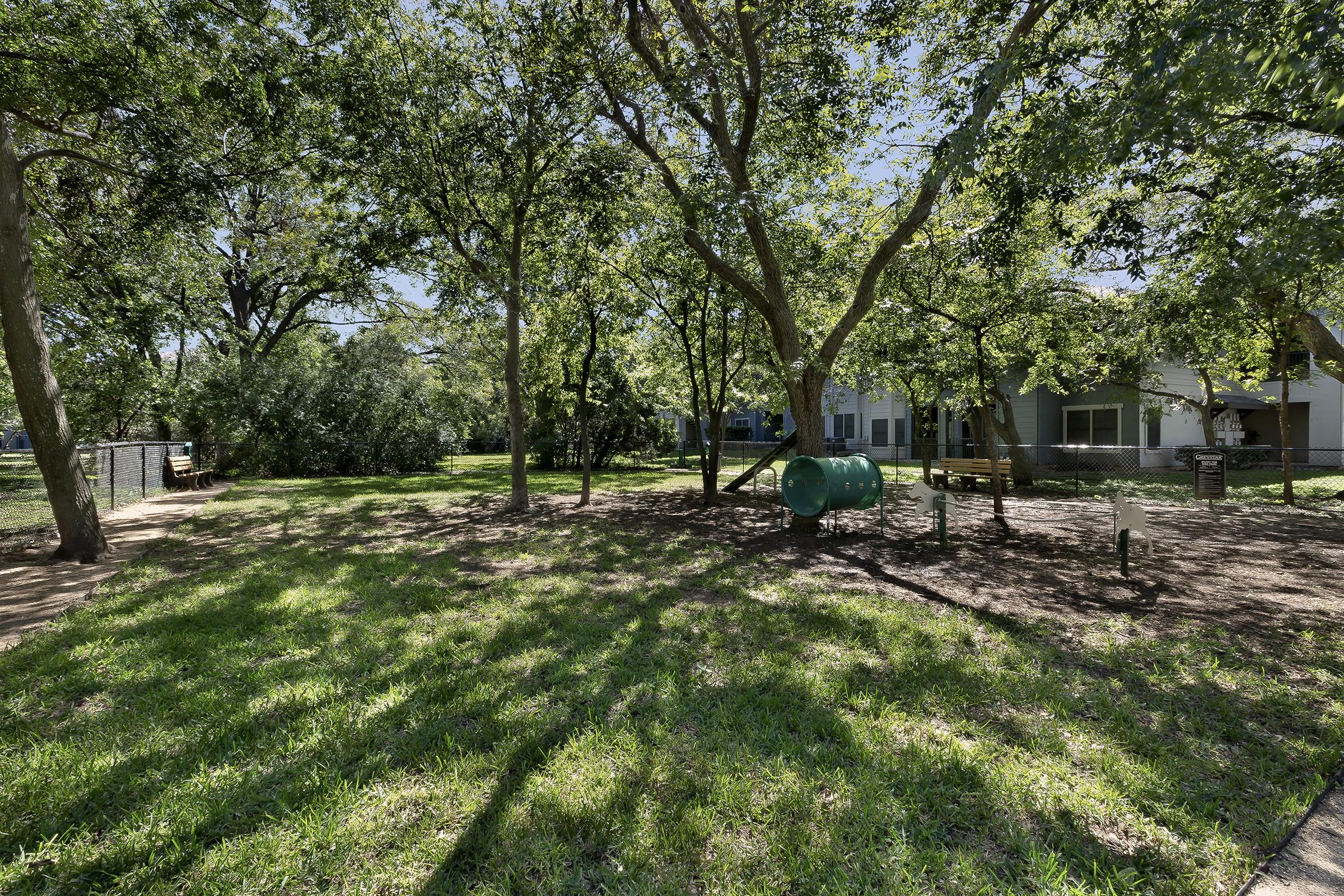 A peaceful park scene featuring lush green grass and several trees providing shade. In the background, there are benches and a building, with a circular green receptacle visible in the foreground. Sunlight filters through the leaves, casting dappled shadows on the ground.