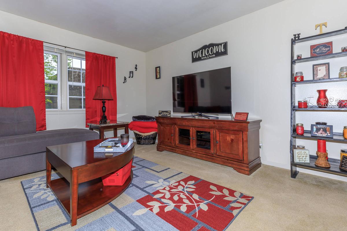 a living room with a red rug