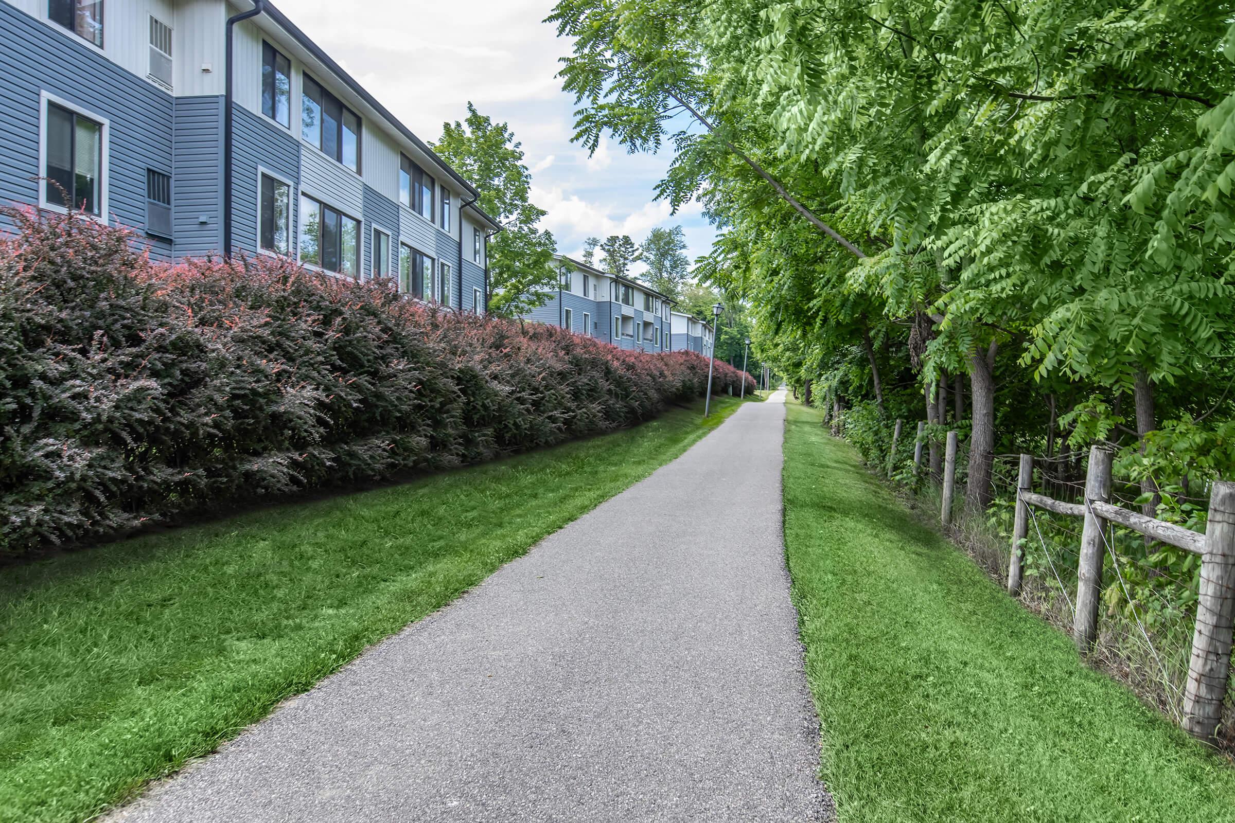 a path with trees on the side of a building