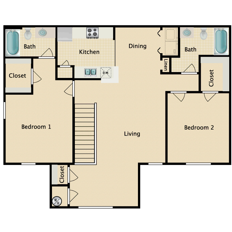 2 Bed 2 Bath - Second Floor floor plan image