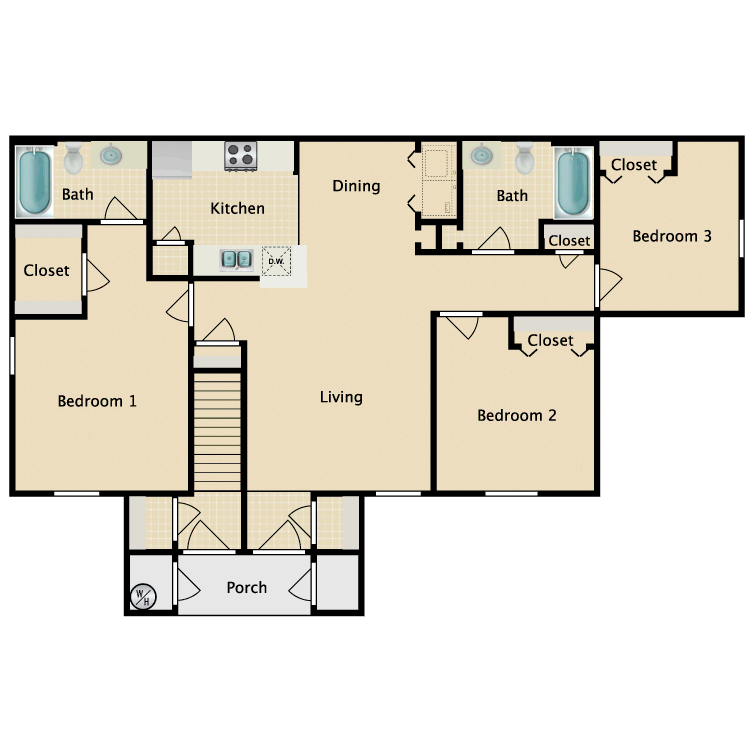 3 Bed 2 Bath - First Floor floor plan image