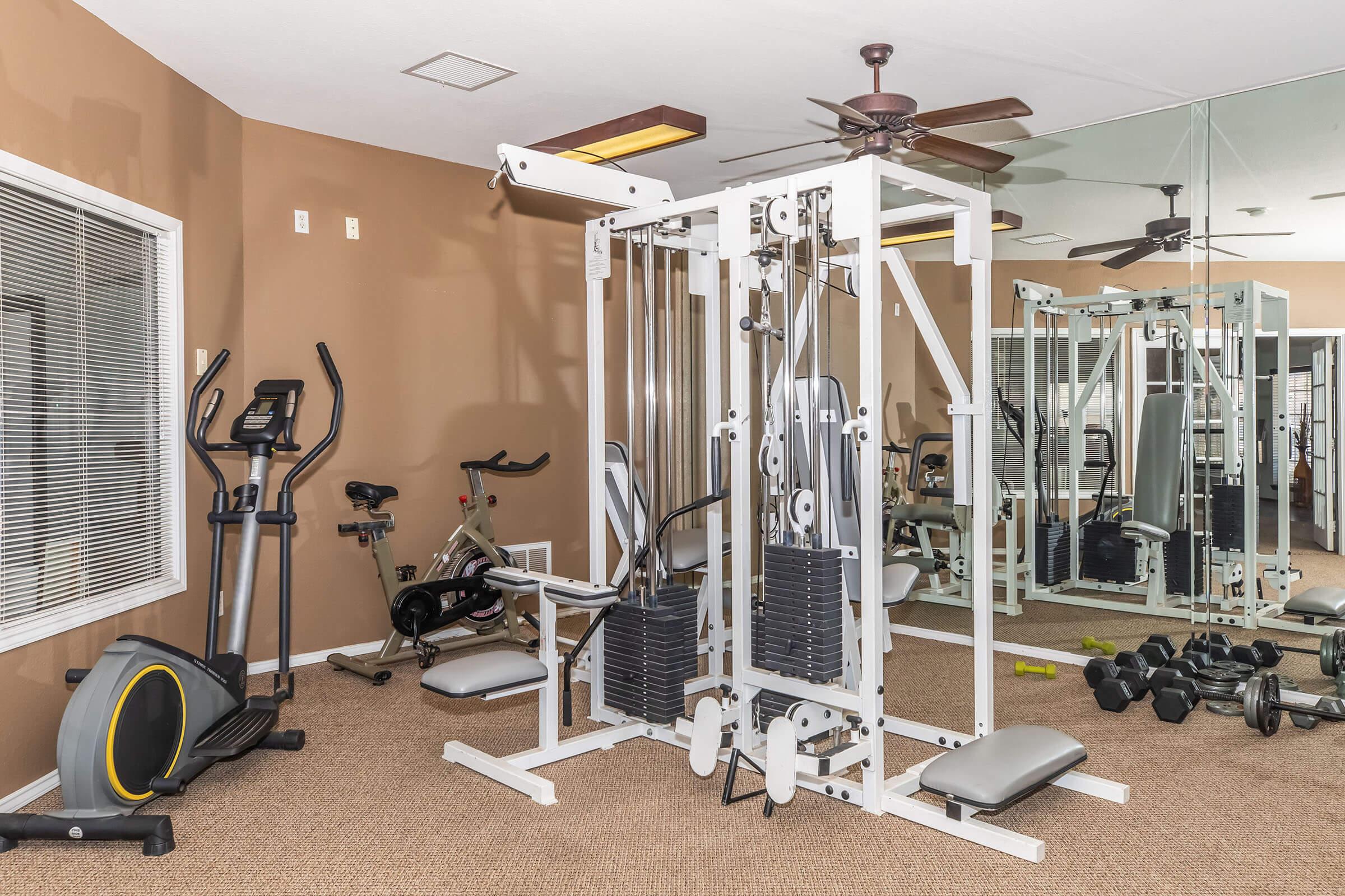 A well-equipped home gym featuring a multi-station gym machine, elliptical trainer, stationary bike, and free weights. The room has neutral-colored walls, large mirrors, and a ceiling fan, creating a spacious and inviting workout environment.