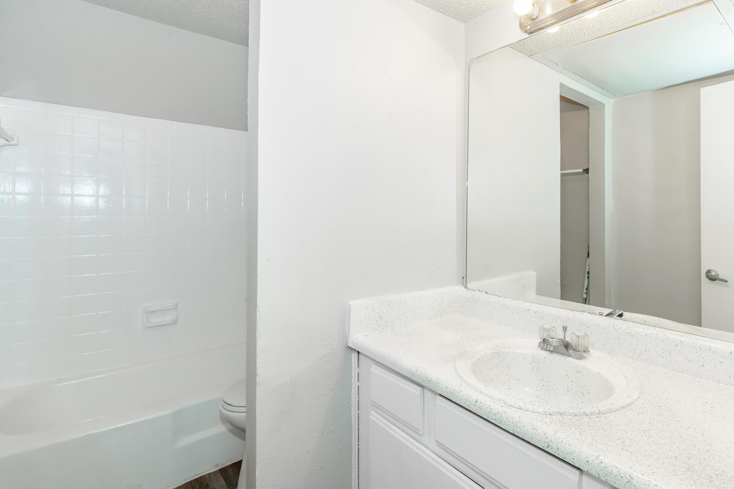 A clean and simple bathroom featuring a white bathtub and toilet on the left, with a light-colored countertop and mirror on the right. The walls are painted in a light shade, and there's a door partially visible, indicating a closet or another room. The overall ambiance is bright and minimalist.