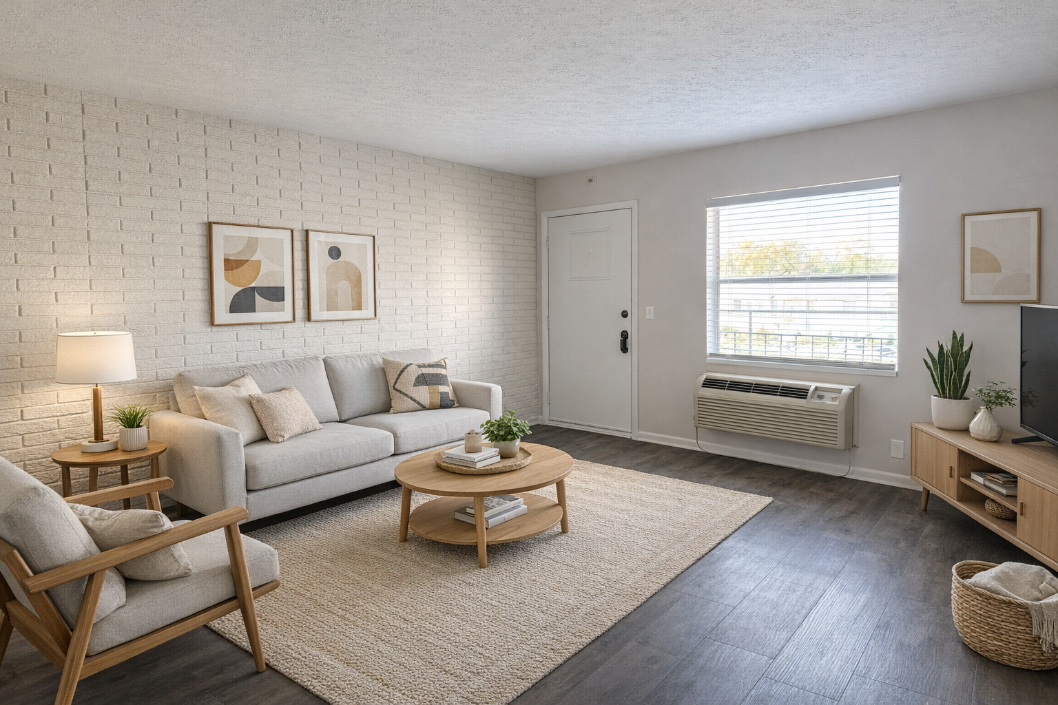 Bright and cozy living room featuring a light gray sofa with decorative pillows, a round wooden coffee table, and a beige area rug. There are two art pieces on the wall, a door leading outside, and a window with blinds. A small plant sits on the table, while an air conditioning unit is visible on the wall.