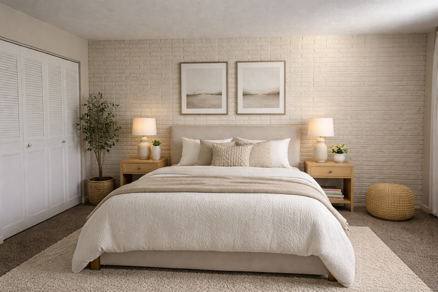 A cozy bedroom featuring a large bed with beige bedding, flanked by two wooden nightstands with lamps. The walls are adorned with two framed pictures, and a neutral-toned rug covers the floor. A potted plant adds a touch of greenery, while a woven basket and books are visible beside the bed.