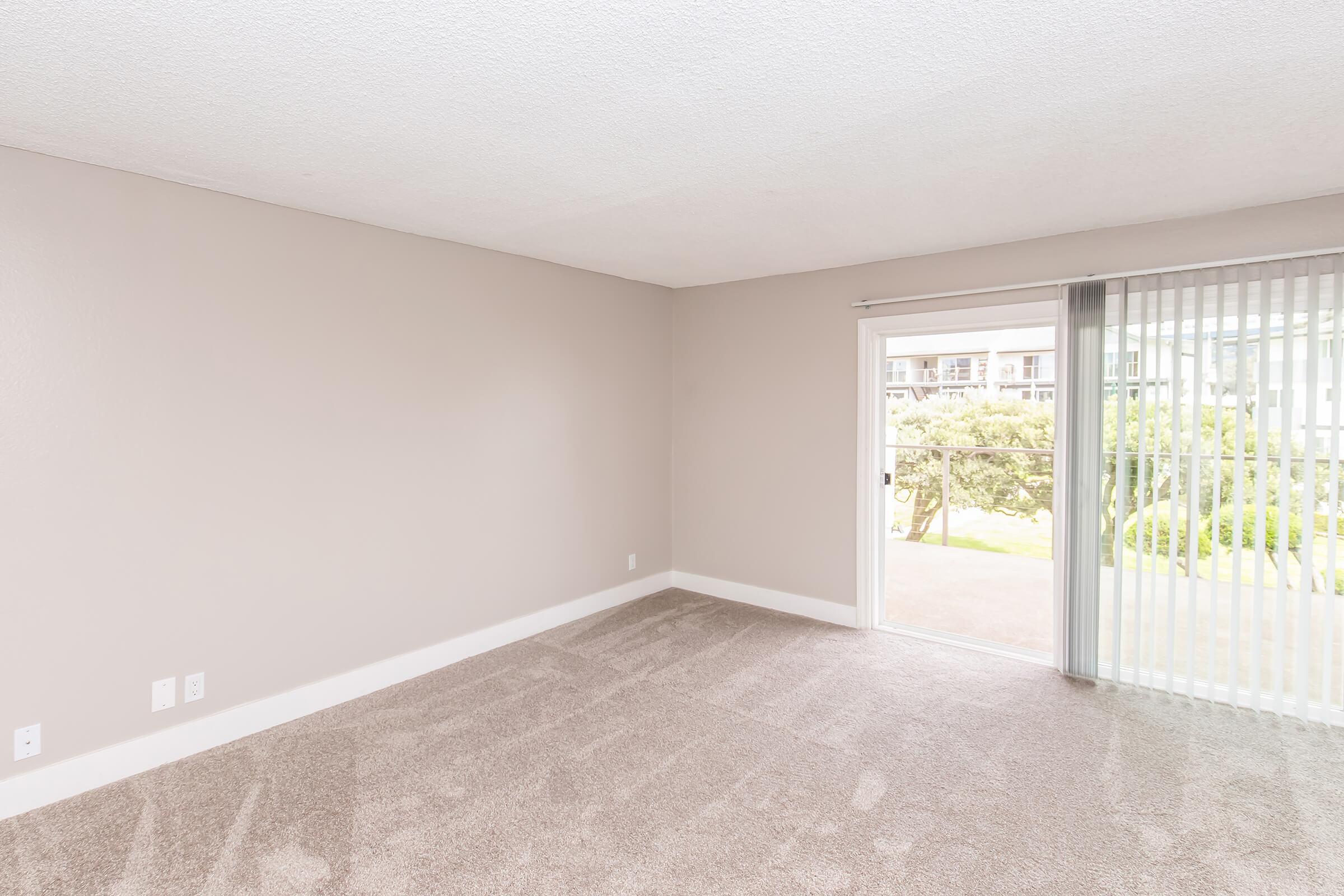 A spacious room with light-colored walls and soft, carpeted flooring. There is a large sliding glass door leading to an outdoor area, allowing natural light to enter. The room is empty, suggesting it is ready for furniture or decoration. Vertical blinds are partially drawn at the door.