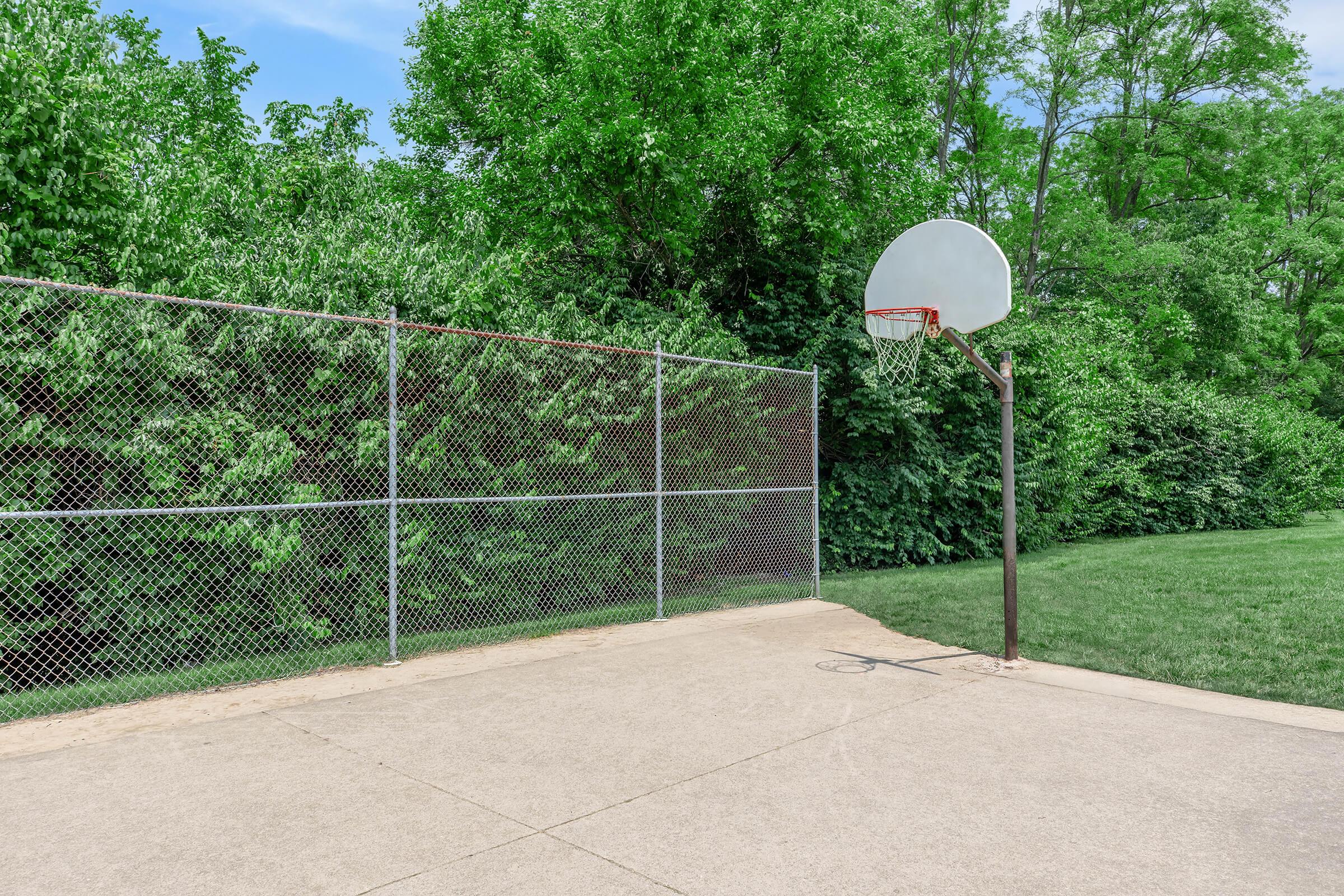 A basketball hoop stands next to a chain-link fence in a serene outdoor setting, surrounded by lush green trees and grass. The concrete court is empty, providing a peaceful atmosphere for recreational activities.