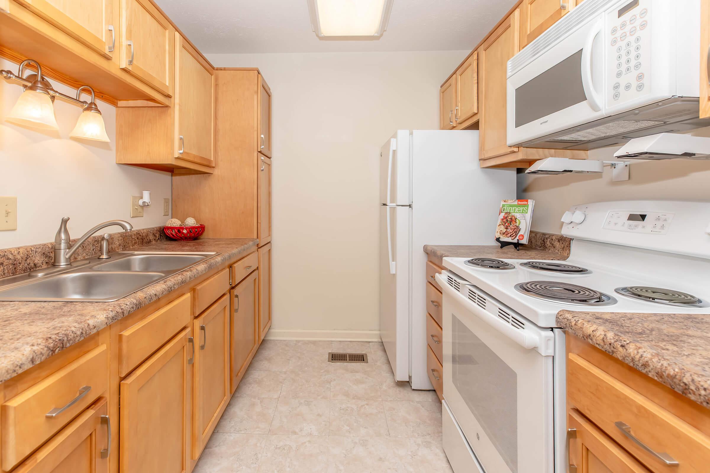 A modern kitchen featuring light wood cabinetry, a double sink, a white refrigerator, and an electric stove with an oven. Countertops are a speckled brown surface. There are overhead lights and a bowl of fruit on the counter. The walls are painted in a soft neutral color, creating a warm ambiance.