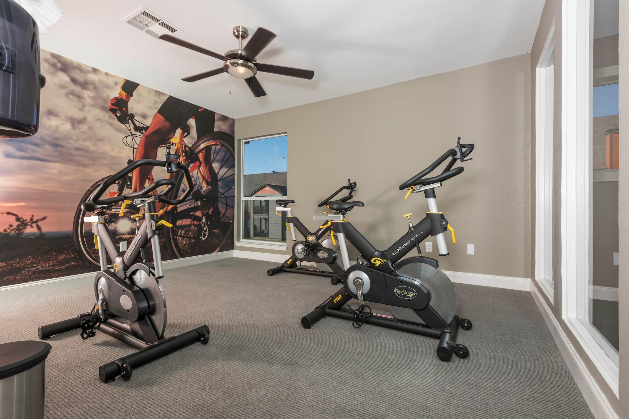a bedroom with a bicycle