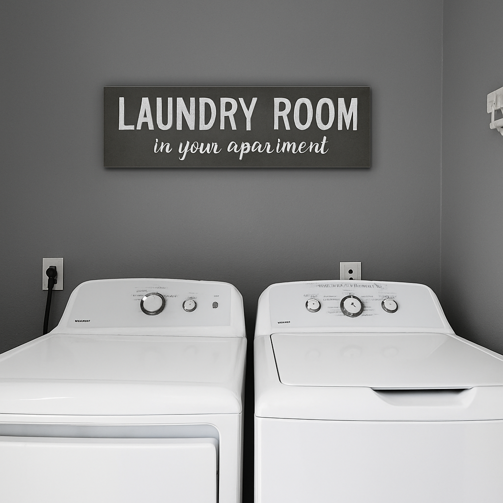 A modern laundry room featuring two white washing machines side by side against a gray wall. Above them hangs a decorative sign that reads "LAUNDRY ROOM in your apartment" in a stylish font. The setting is clean and organized, ideal for an apartment laundry space.