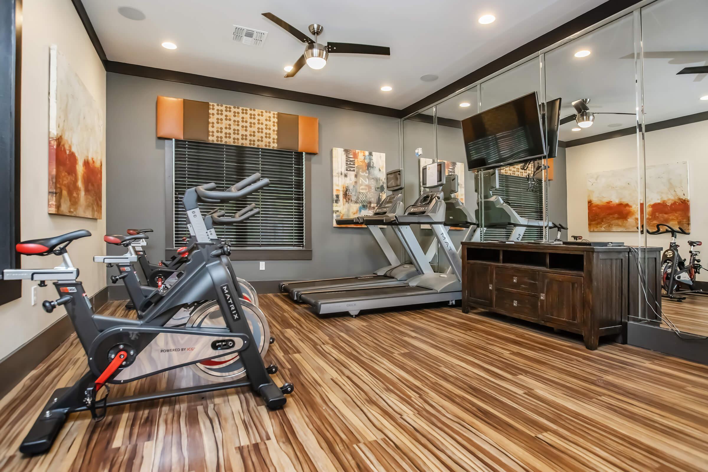 A modern home gym featuring two stationary bikes and a treadmill. The room has large mirrors, a flat-screen TV mounted on the wall, and wooden flooring. Natural light comes through window coverings, and abstract art decorates the walls, creating an inviting workout environment.