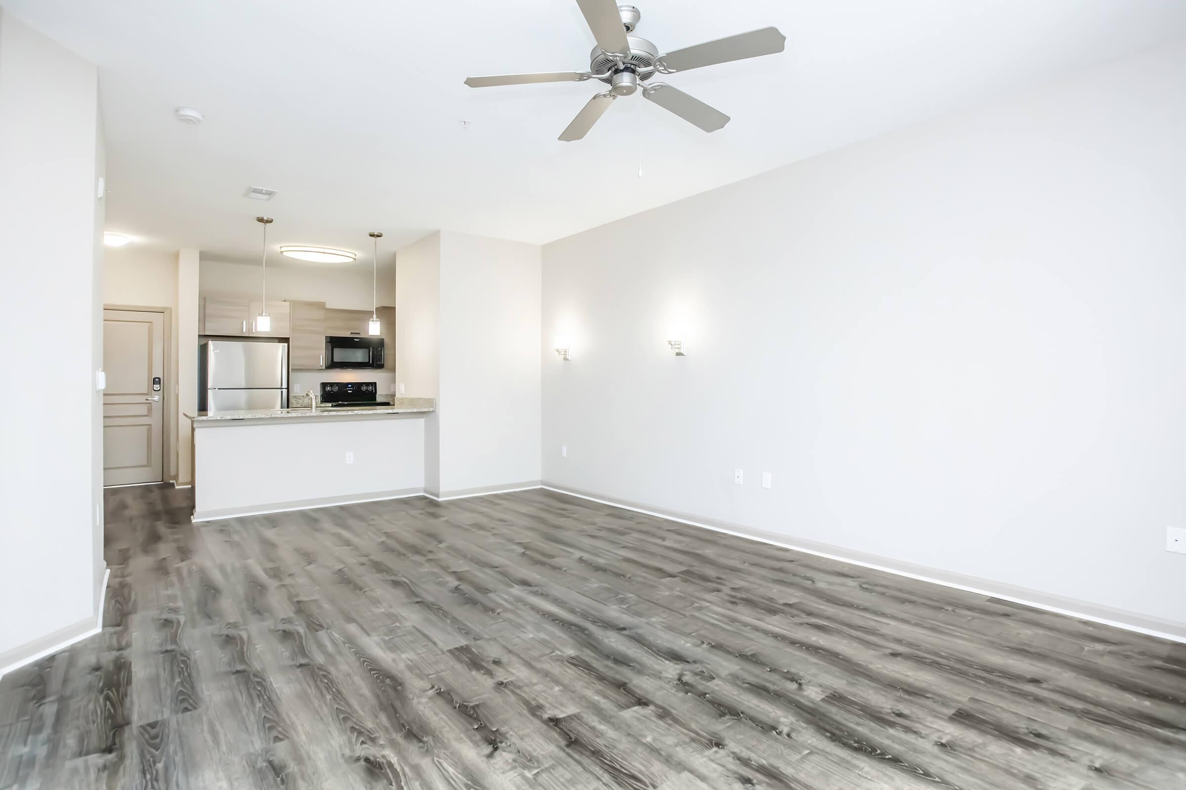 Spacious modern living area with gray wood-style flooring, a ceiling fan, and light-colored walls. The open kitchen features stainless steel appliances and a large countertop. Natural light fills the room, enhancing its airy feel. The layout is perfect for versatile furniture arrangements.