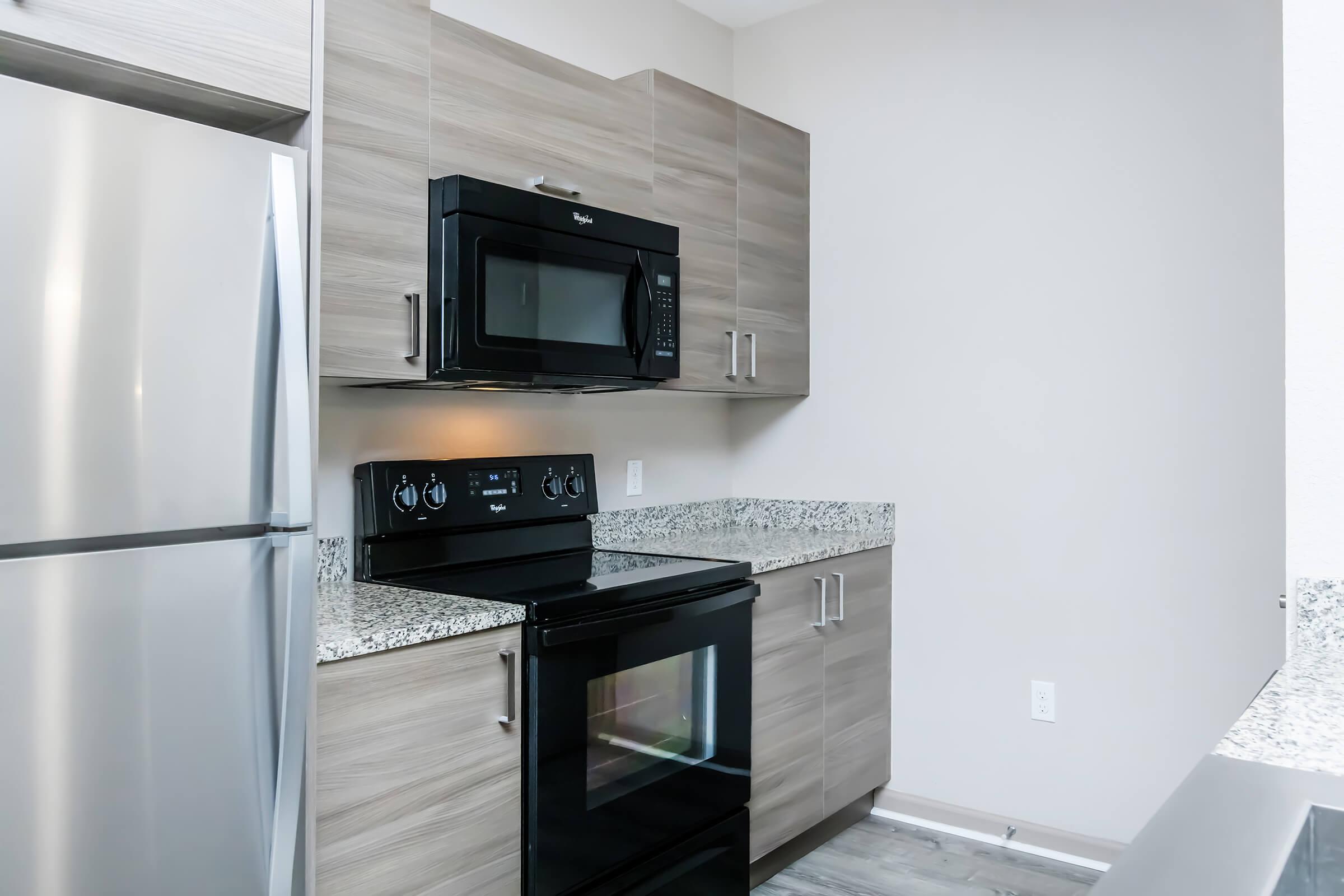 Modern kitchen featuring stainless steel appliances, including a refrigerator and a microwave integrated into cabinetry. The kitchen also has a black electric stove with an oven and a grey granite countertop. The walls are a light color, enhancing the contemporary design.