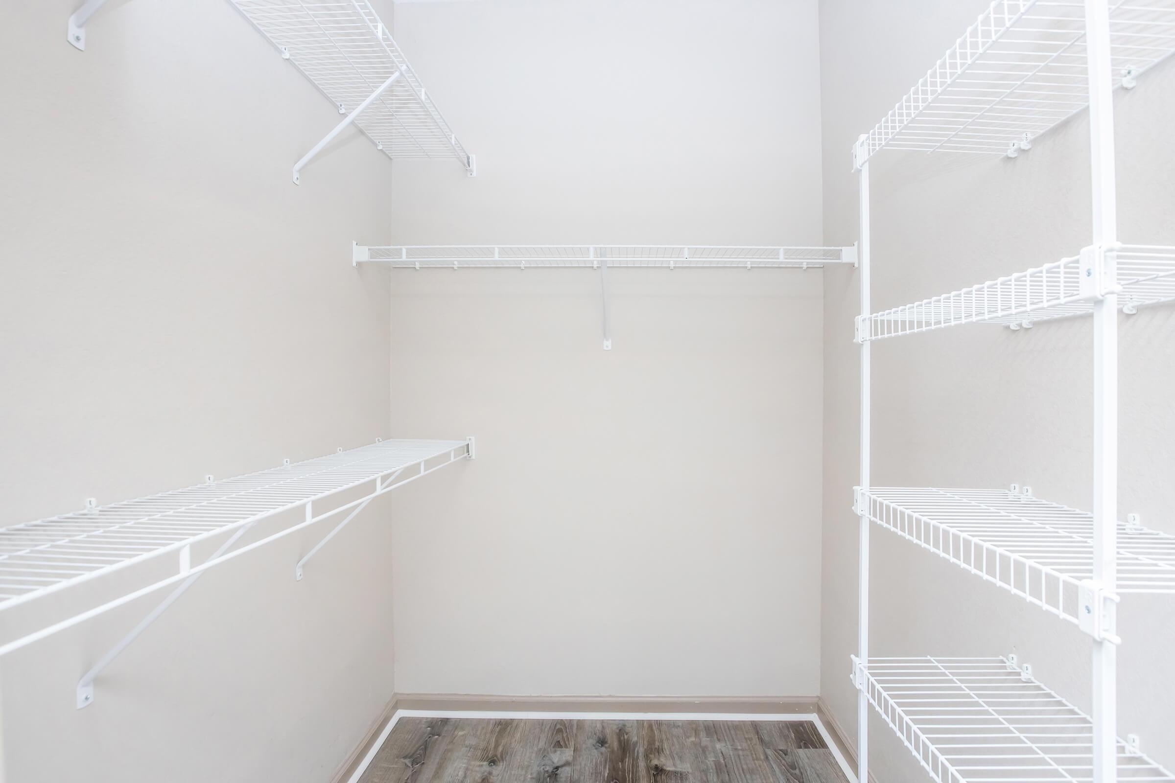 Empty closet with white wire shelving on the left and back walls. The walls are painted a neutral color, and the floor is hardwood. The space is well-lit with a natural light source, creating a clean and organized appearance.