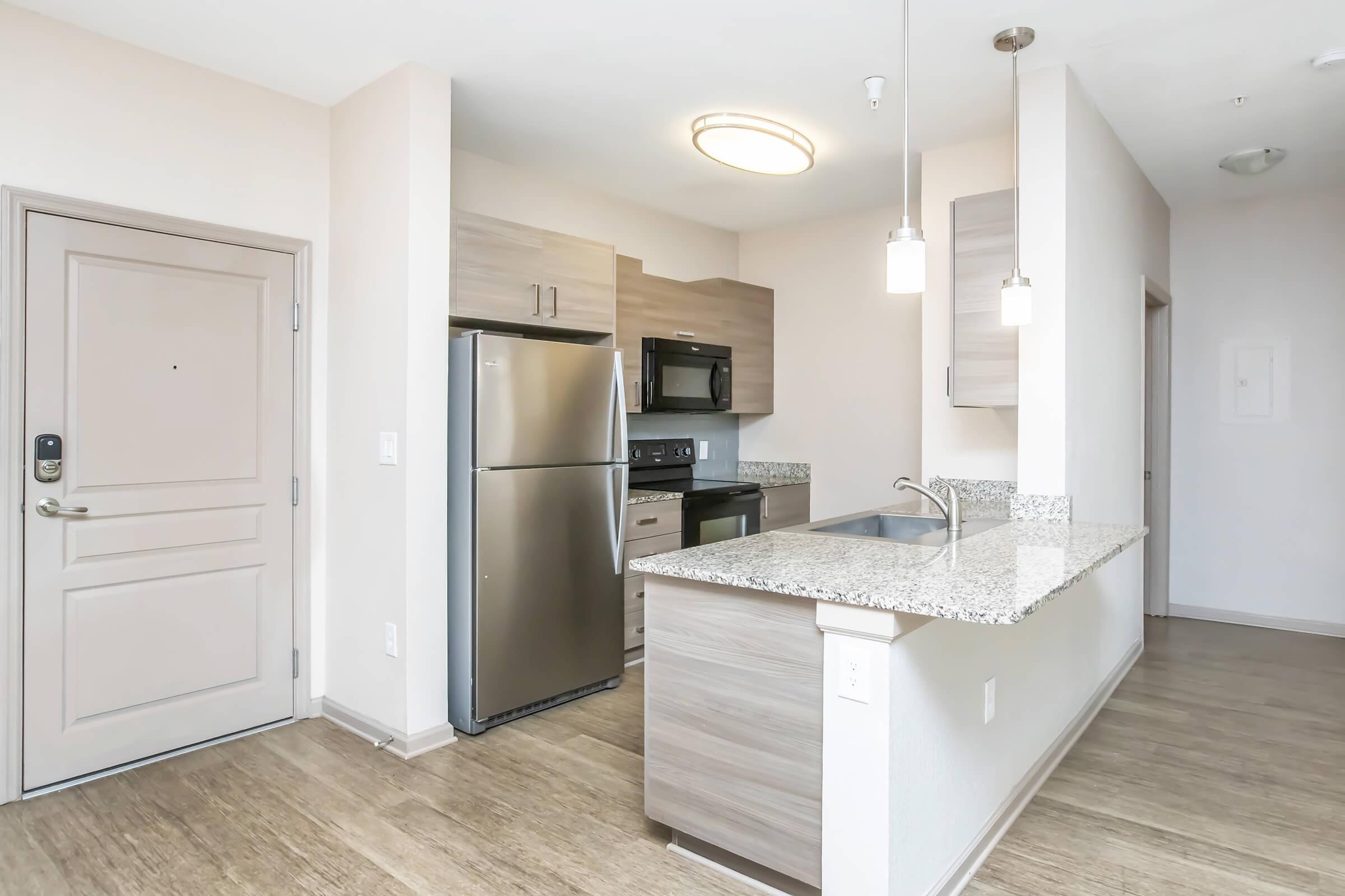 Modern kitchen and living area featuring stainless steel appliances, including a refrigerator, microwave, and stove. The kitchen has granite countertops and light wood cabinetry, with a double sink and pendant lighting. The space is bright with neutral-colored walls and a door leading outside.
