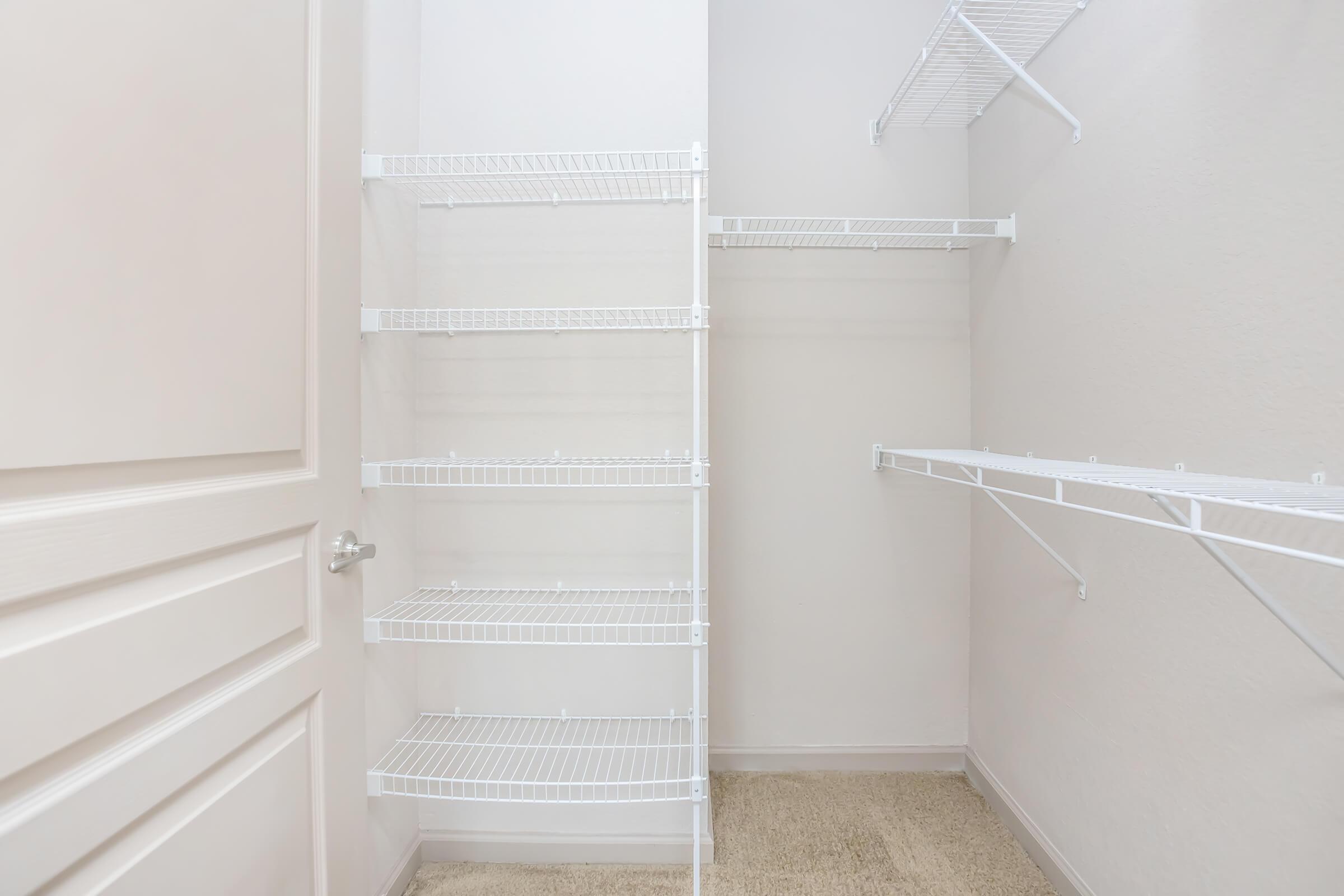 A bright and empty closet featuring white wire shelving and a light-colored carpeted floor. The closet has a closed door and one side is fitted with multiple shelves, while the other side has hanging space, creating a clean and organized appearance.