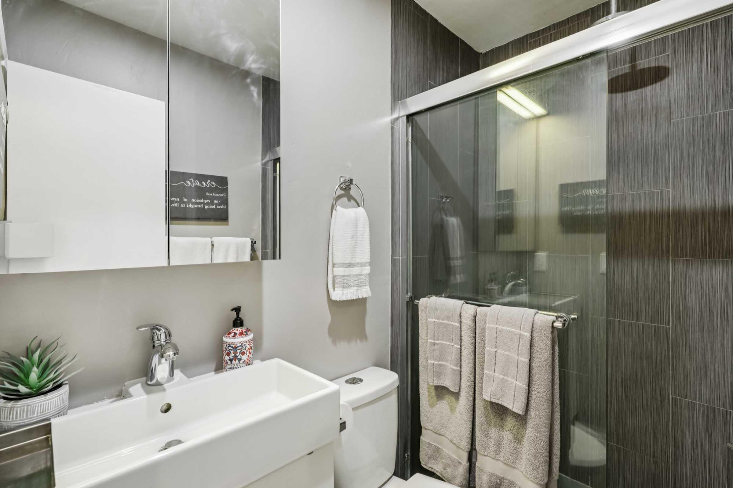 Modern bathroom featuring a glass shower, white sink, and a toilet. There are neatly hung towels and a small plant on the countertop. A large mirror reflects the space, and stylish tiles create a sleek, contemporary look.