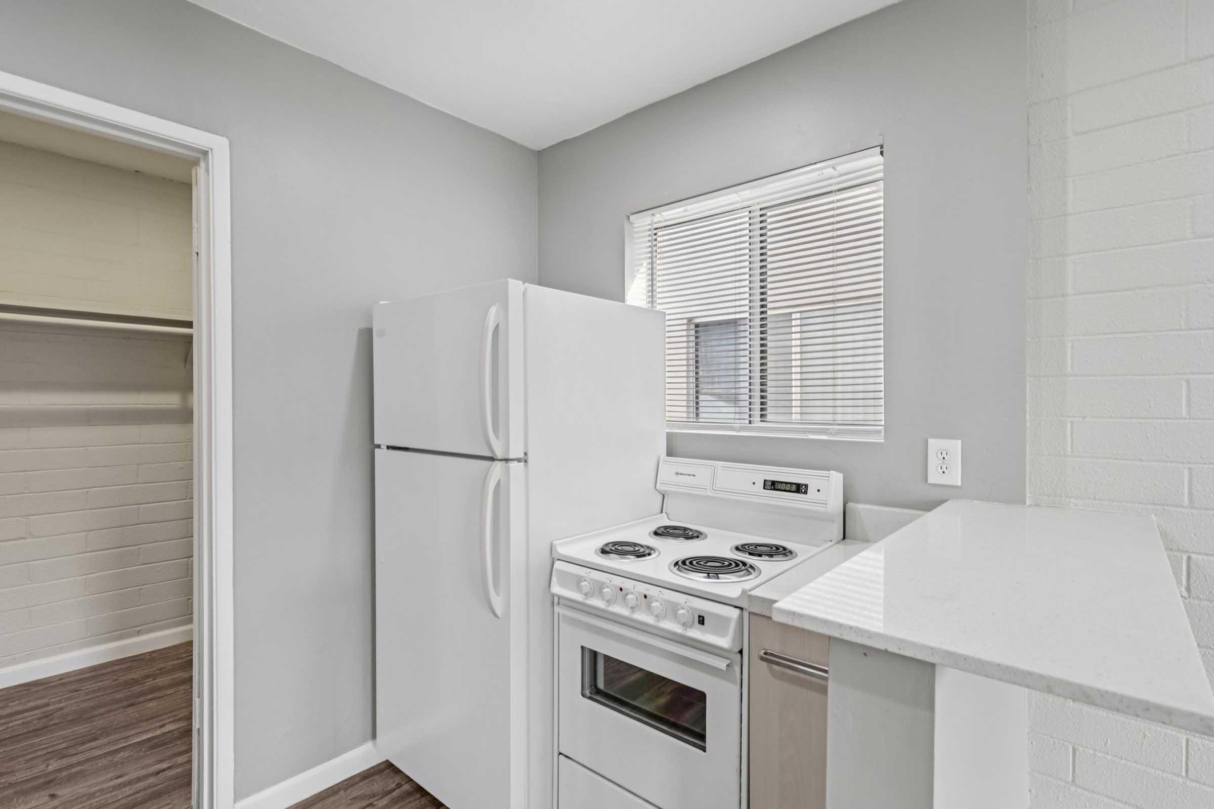 A clean, modern kitchen featuring a white refrigerator and stove, with a countertop and a window allowing natural light. The walls are painted light gray, and there is a small closet visible in the adjacent room. The overall ambiance is bright and inviting.