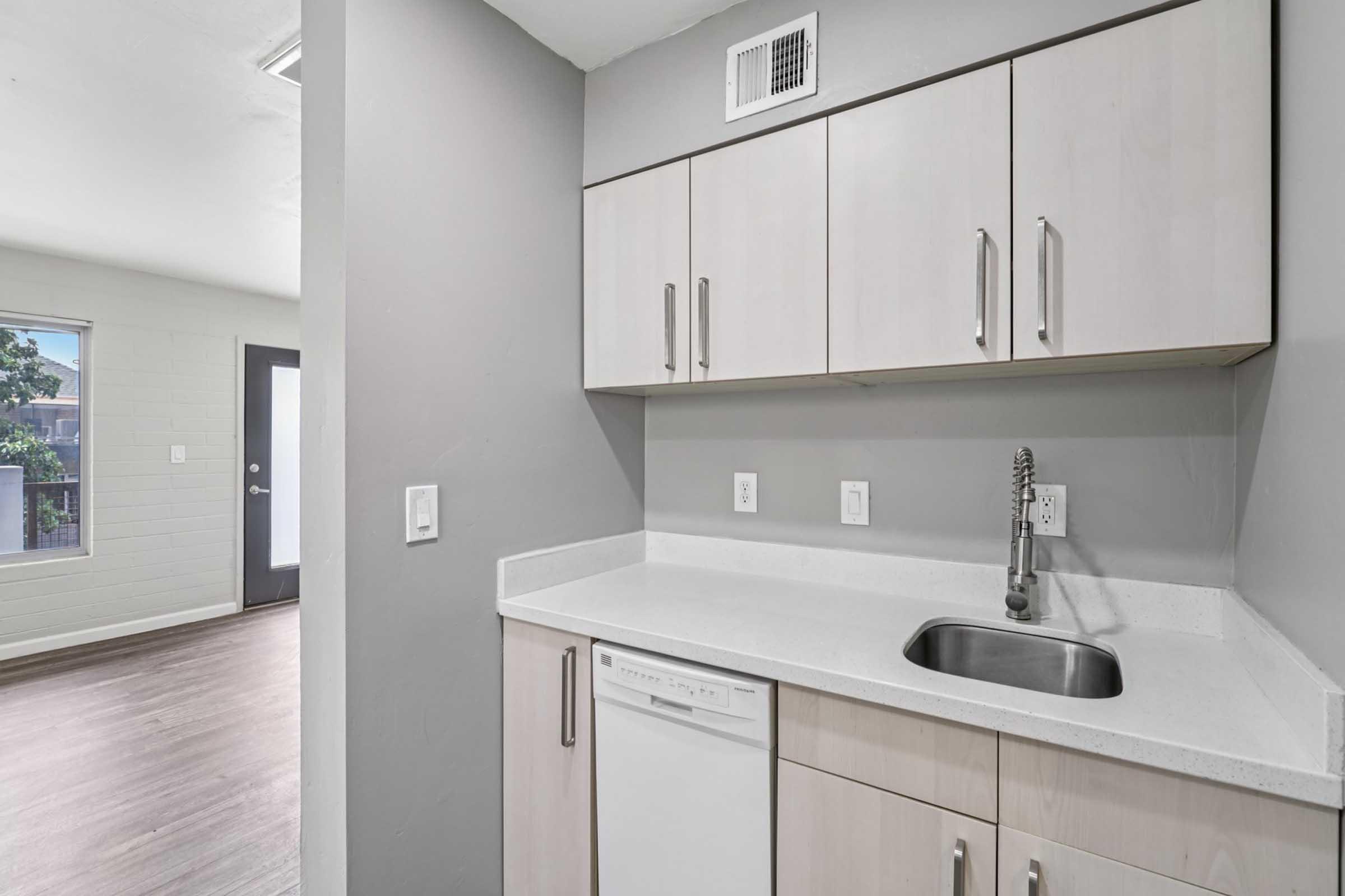 Modern kitchen with light-colored cabinetry, a stainless steel sink, and a dishwasher. The walls are painted in a soft gray tone. A window is visible in the background, providing natural light, and there is an entrance door leading to another room. The flooring is wood-like, adding warmth to the space.