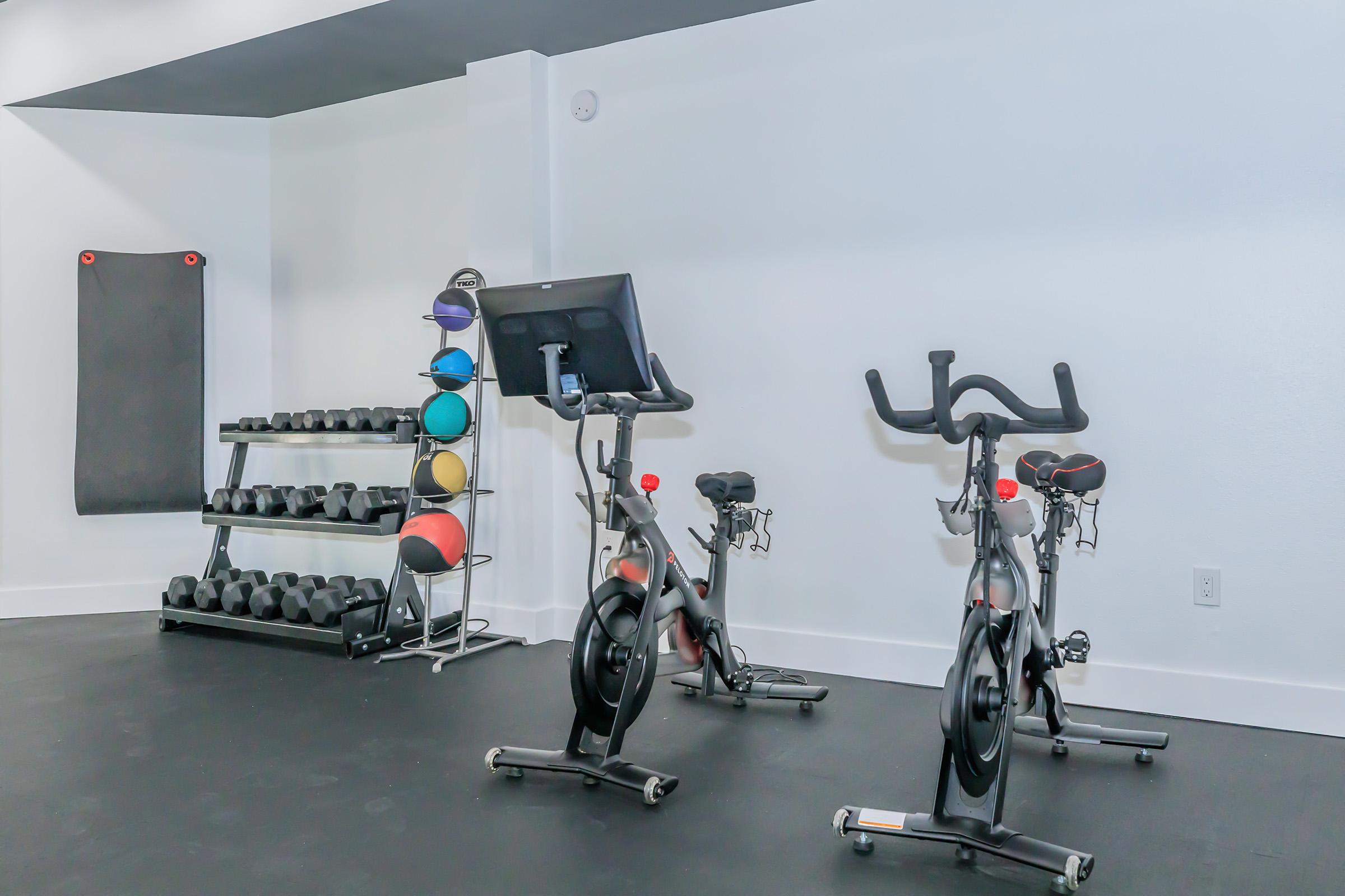 A well-lit exercise room featuring two stationary bikes, a wall-mounted storage rack with colorful exercise balls, and a rack of dumbbells. The flooring is dark, and the walls are painted white, creating a clean and modern fitness environment.