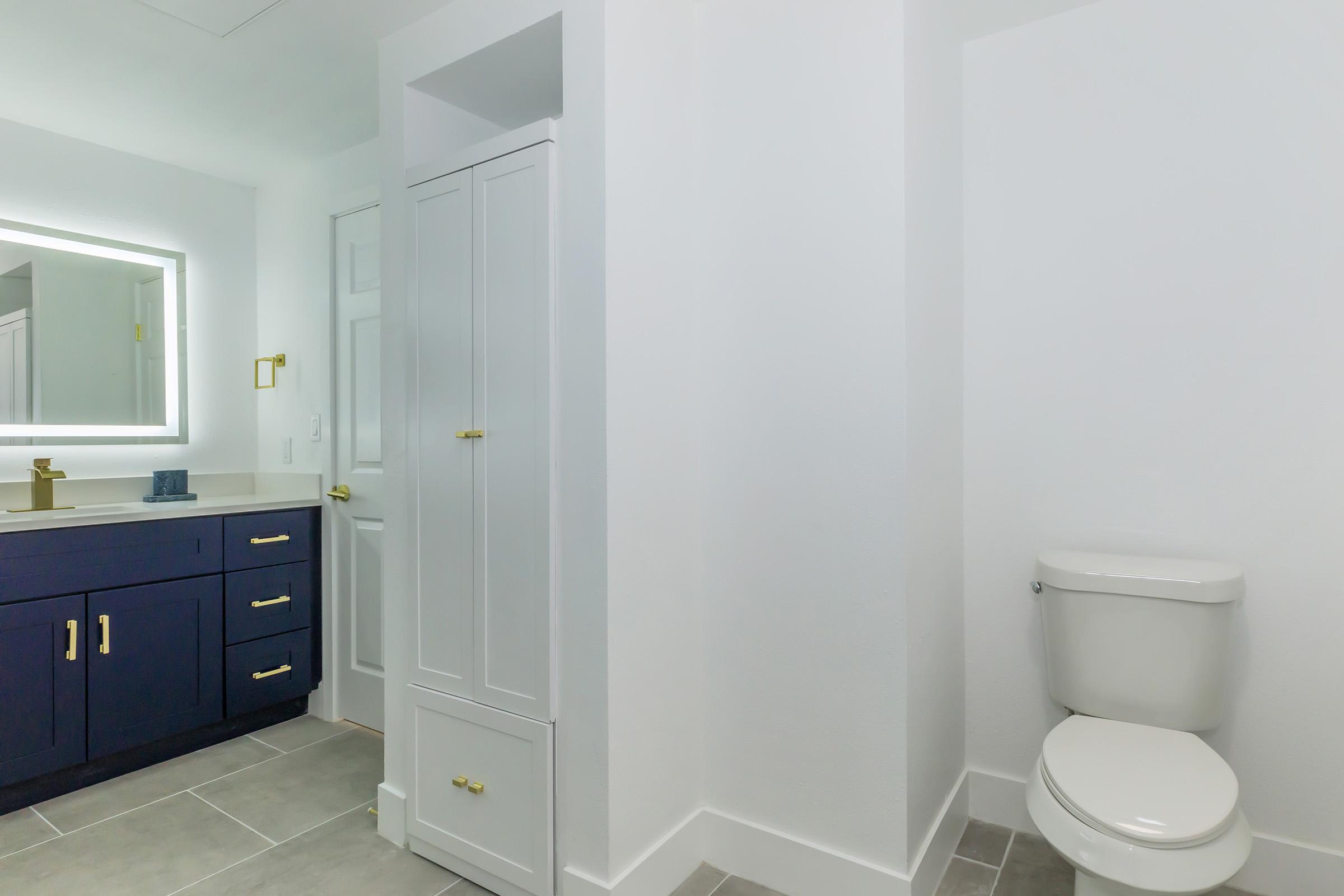 A modern bathroom featuring white walls, a gray tile floor, and a toilet. There's a stylish vanity with navy blue cabinetry, gold handles, and a large mirror with integrated lighting. A tall storage cabinet is also visible beside the toilet, creating a clean and contemporary aesthetic.